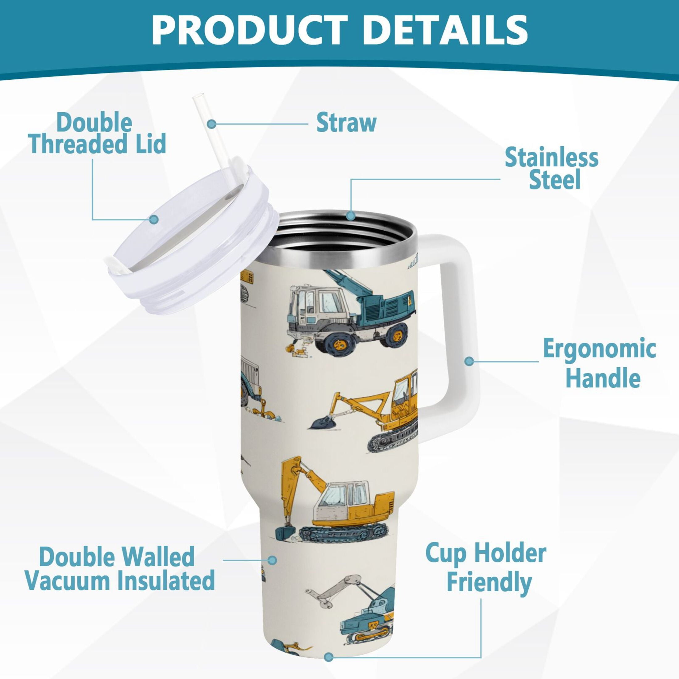 30 oz Insulated Stainless Steel Tumbler Double Wall Stainless Steel Tumbler with 2-Way Drinking Engineering Vehicle Pattern Edition-3CG3