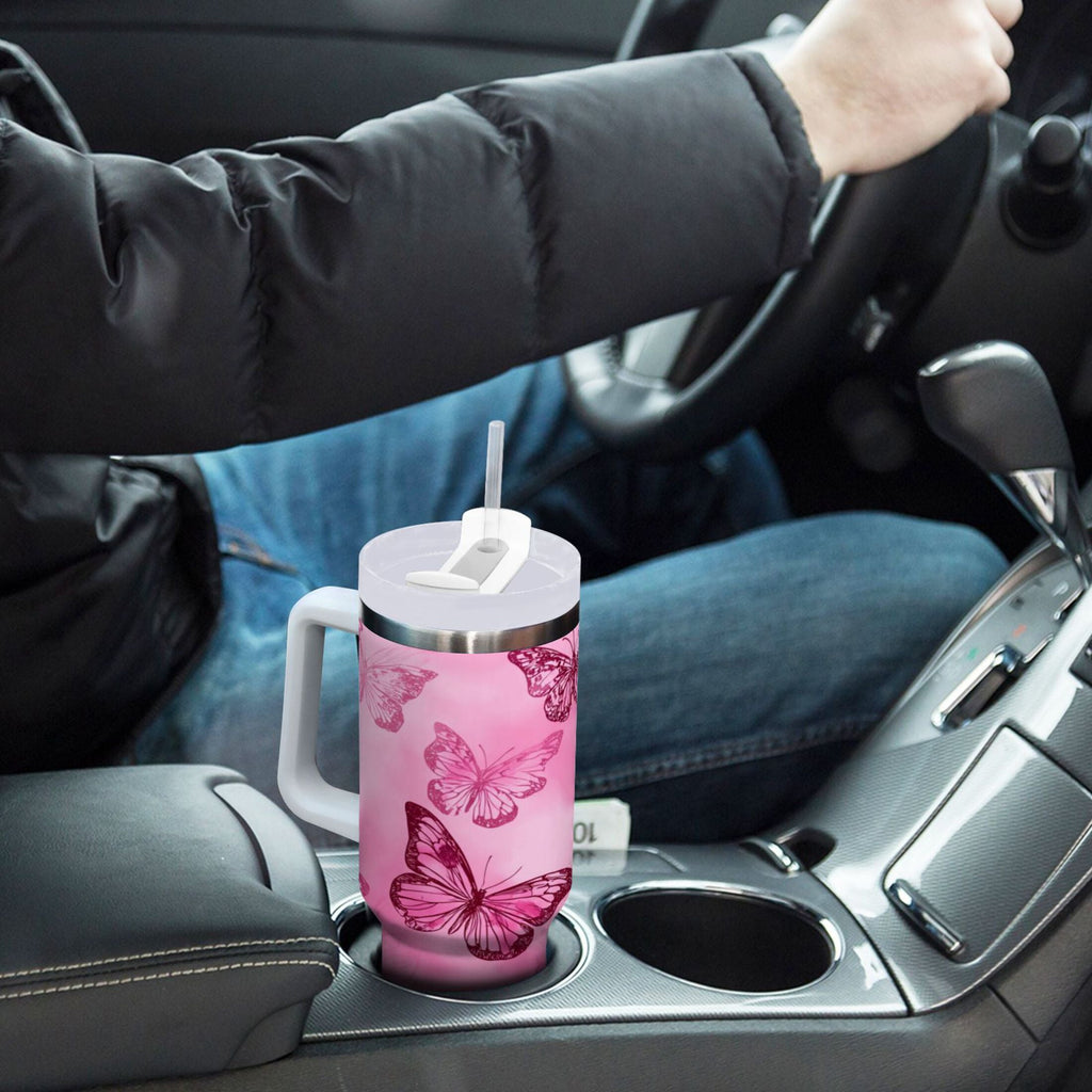 40 oz Insulated Stainless Steel Tumbler Double Wall Stainless Steel Tumbler with 2-Way Drinking Pink Butterfly Pattern Edition-BXAN
