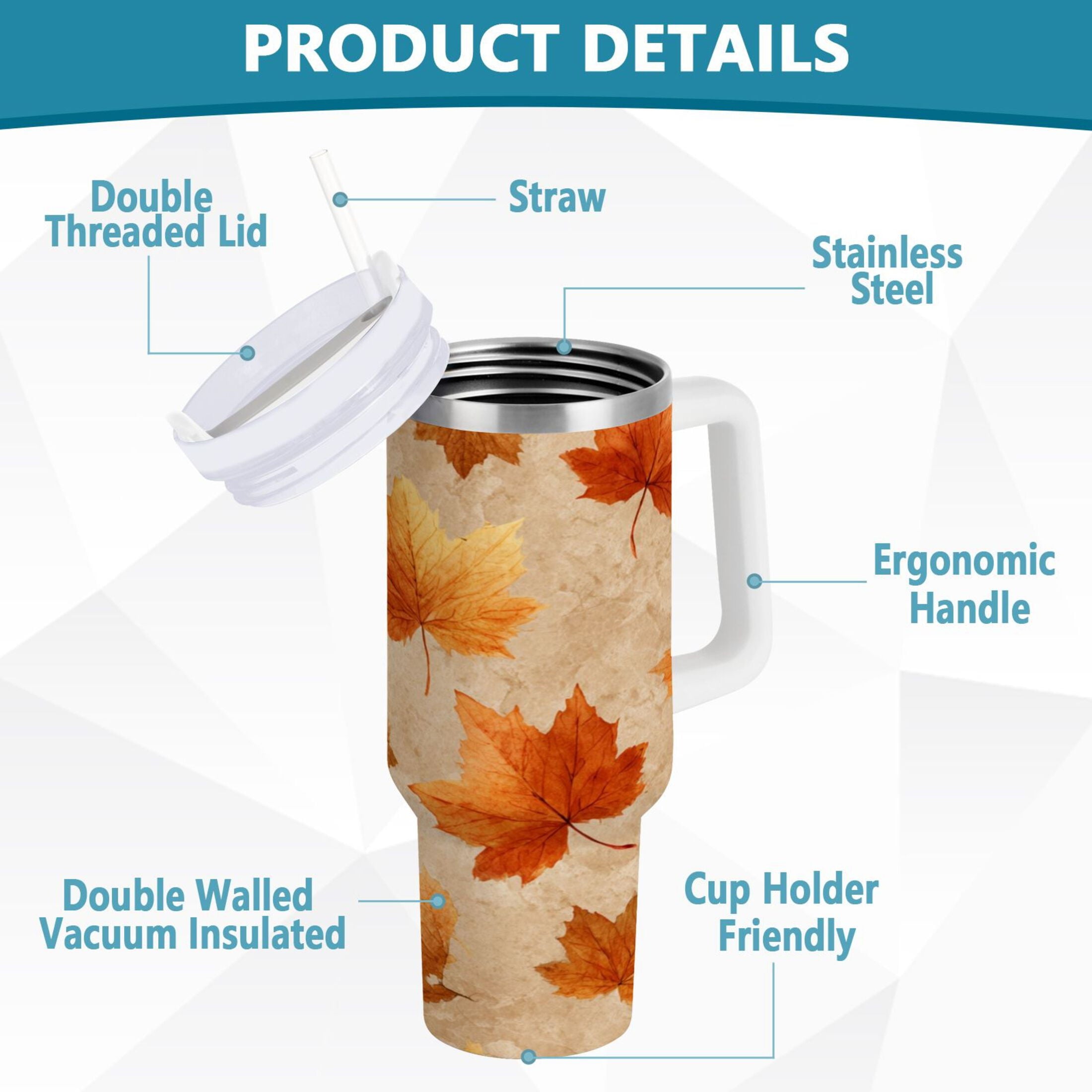 40 oz Insulated Stainless Steel Tumbler Double Wall Stainless Steel Tumbler with 2-Way Drinking Orange Autumn Leaves Pattern Edition-3B9M