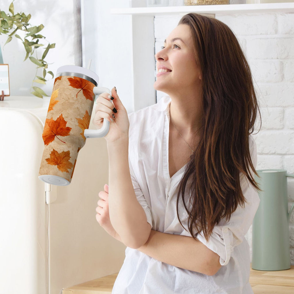 40 oz Insulated Stainless Steel Tumbler Double Wall Stainless Steel Tumbler with 2-Way Drinking Orange Autumn Leaves Pattern Edition-3B9M