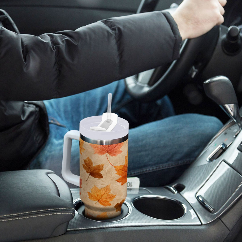 40 oz Insulated Stainless Steel Tumbler Double Wall Stainless Steel Tumbler with 2-Way Drinking Orange Autumn Leaves Pattern Edition-3B9M
