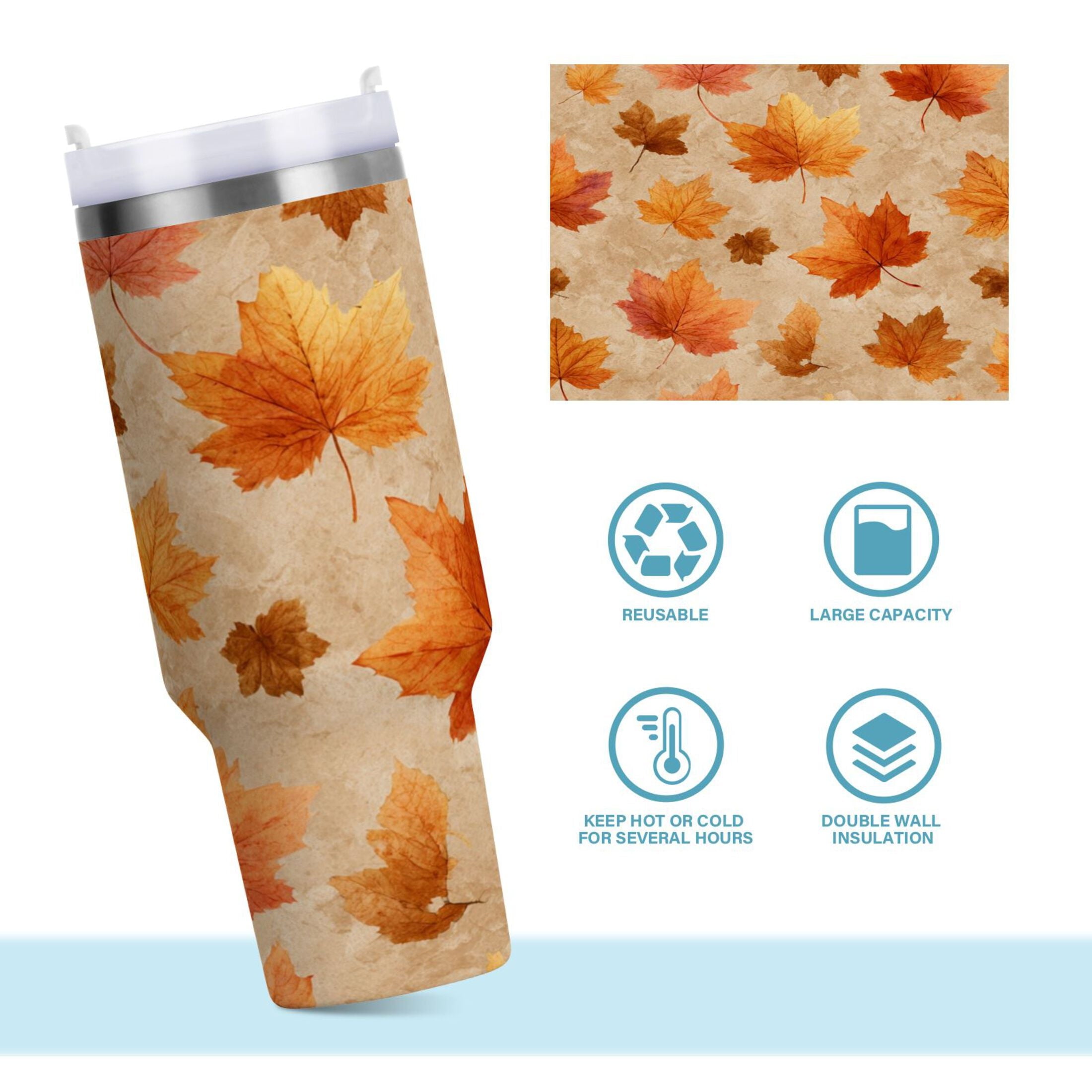 40 oz Insulated Stainless Steel Tumbler Double Wall Stainless Steel Tumbler with 2-Way Drinking Orange Autumn Leaves Pattern Edition-3B9M