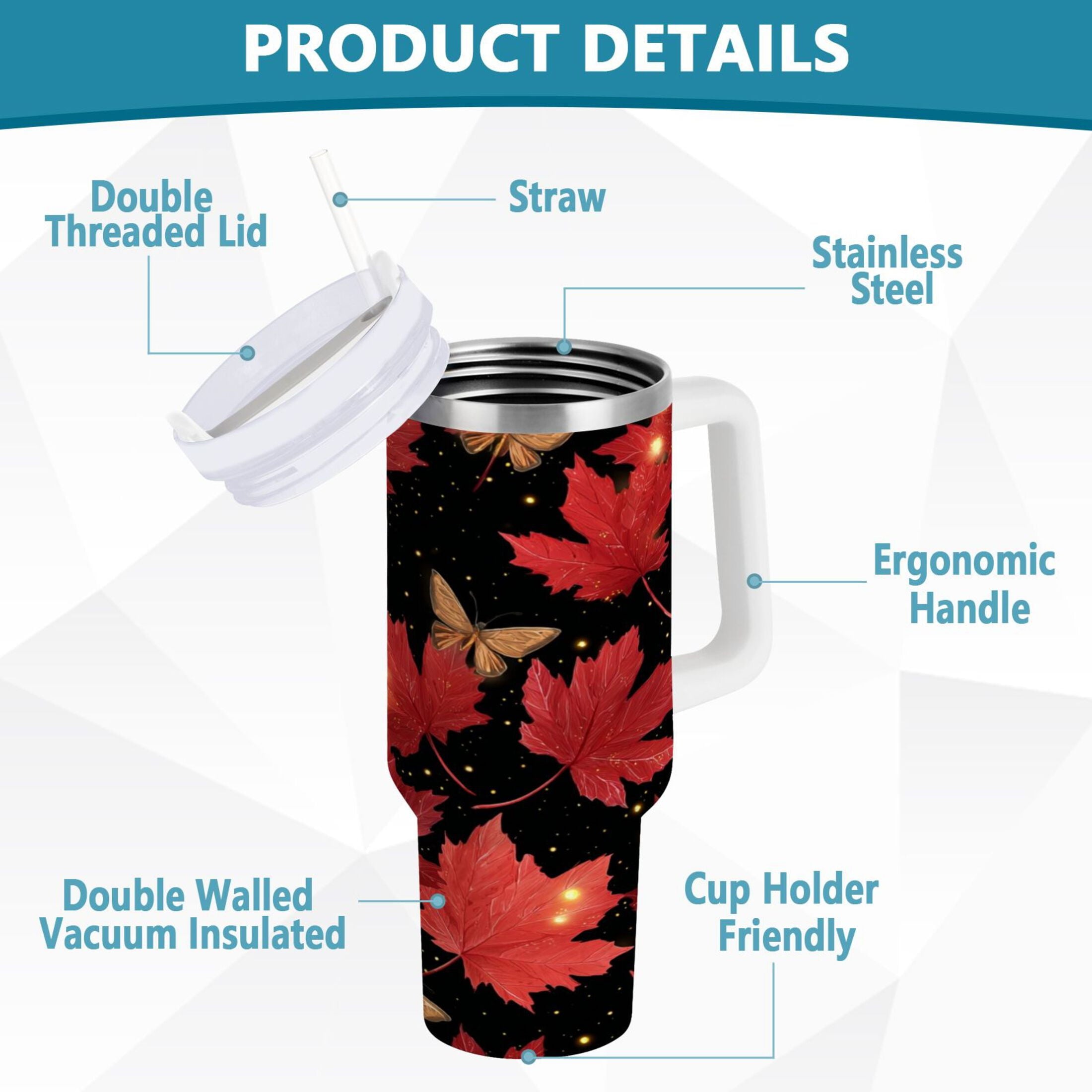 40 oz Insulated Stainless Steel Tumbler Double Wall Stainless Steel Tumbler with 2-Way Drinking Maple Leaves and Fireflies Edition-UWTD