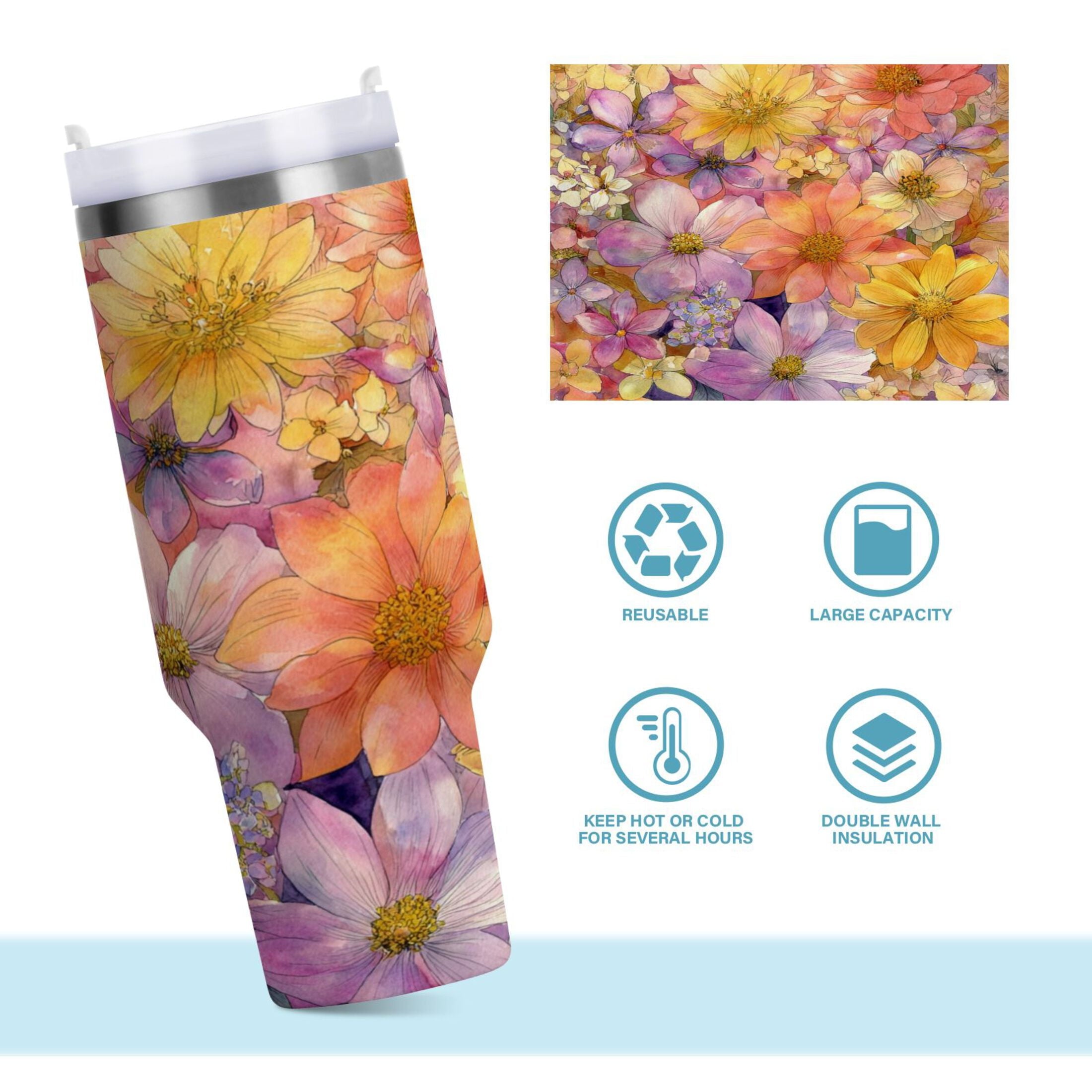 30 oz Insulated Stainless Steel Tumbler Double Wall Stainless Steel Tumbler with 2-Way Drinking Summer Blossoms Edition-4L4X