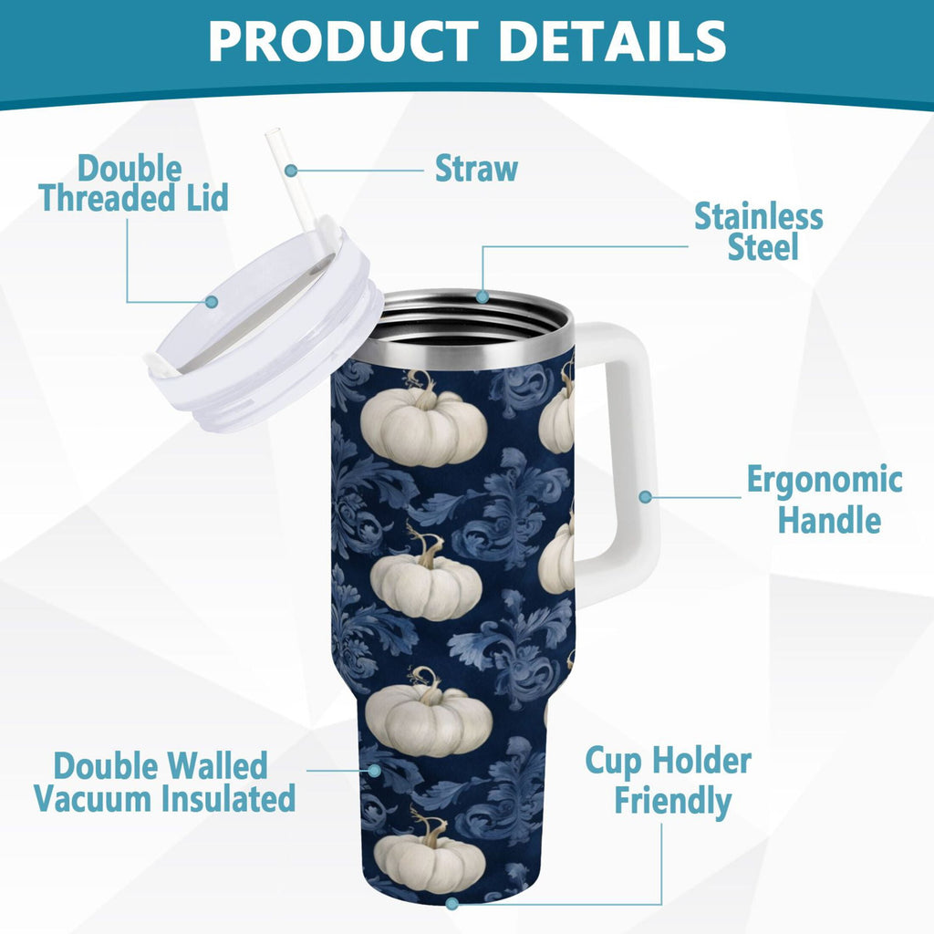 30 oz Insulated Stainless Steel Tumbler Double Wall Stainless Steel Tumbler with 2-Way Drinking Watercolor White Pumpkins Edition-SK1F