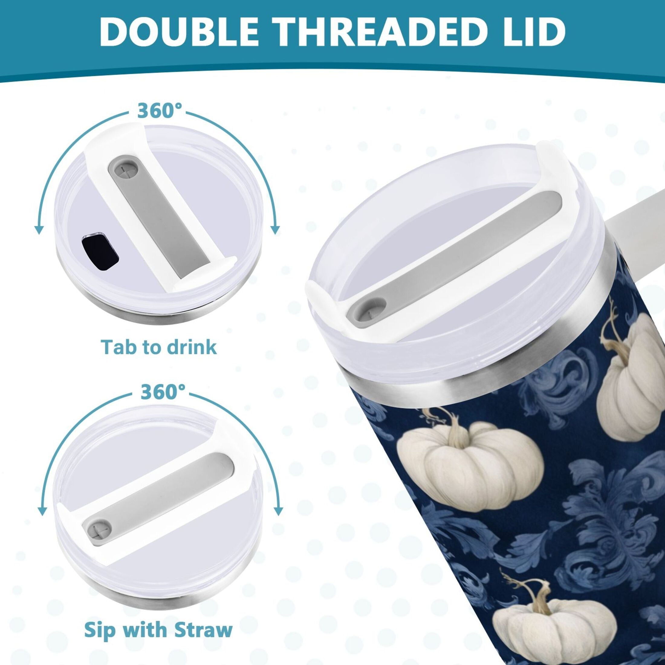 30 oz Insulated Stainless Steel Tumbler Double Wall Stainless Steel Tumbler with 2-Way Drinking Watercolor White Pumpkins Edition-SK1F