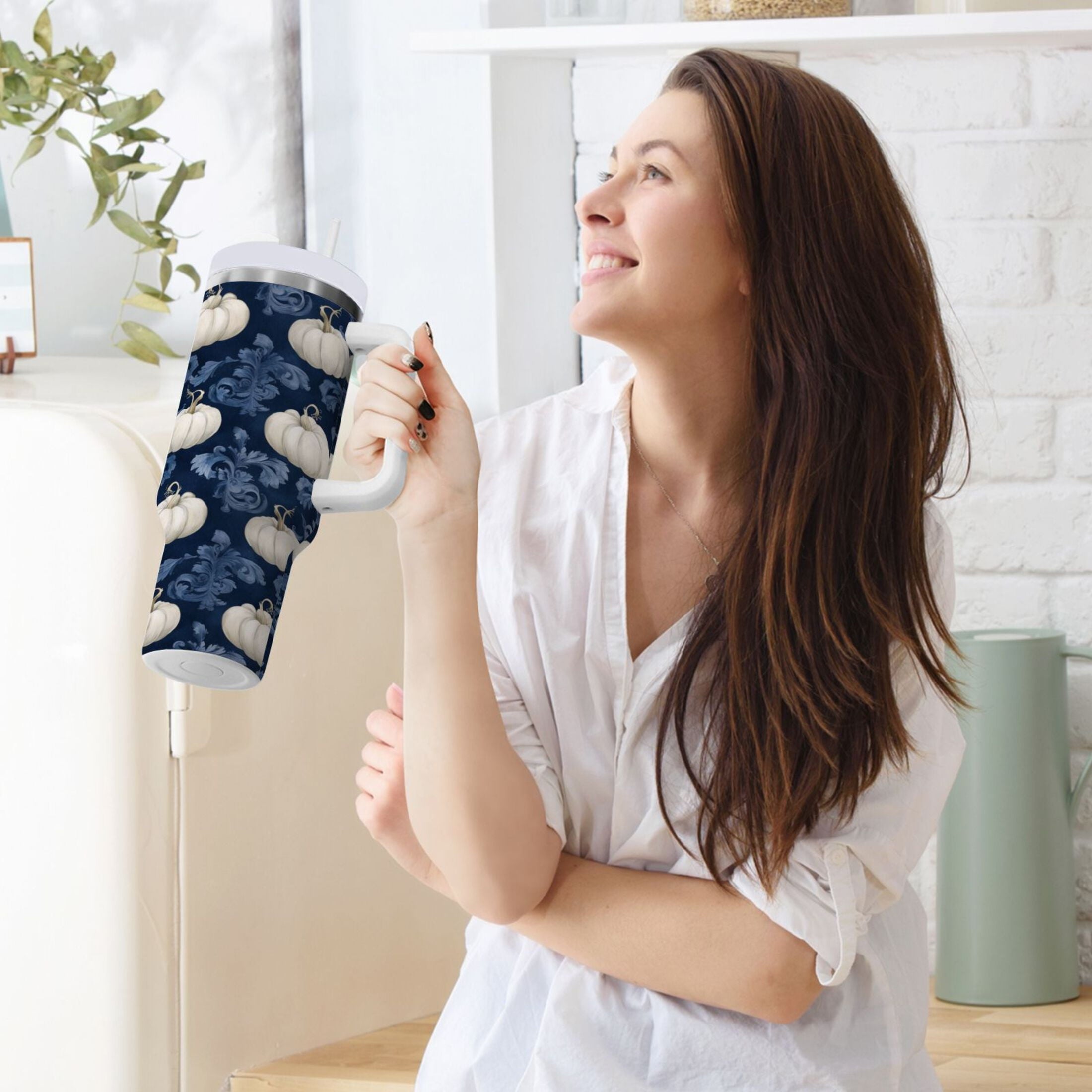 30 oz Insulated Stainless Steel Tumbler Double Wall Stainless Steel Tumbler with 2-Way Drinking Watercolor White Pumpkins Edition-SK1F