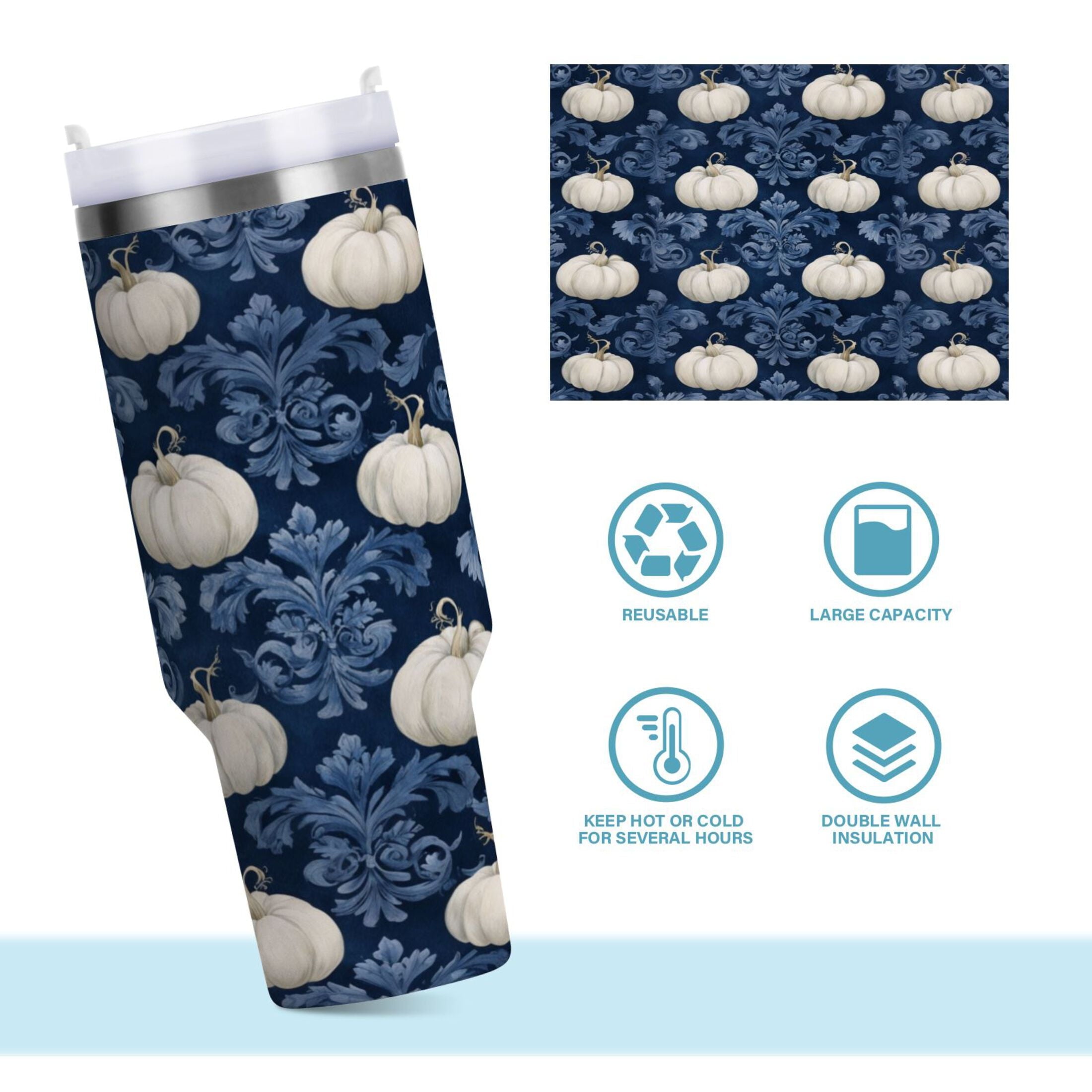30 oz Insulated Stainless Steel Tumbler Double Wall Stainless Steel Tumbler with 2-Way Drinking Watercolor White Pumpkins Edition-SK1F