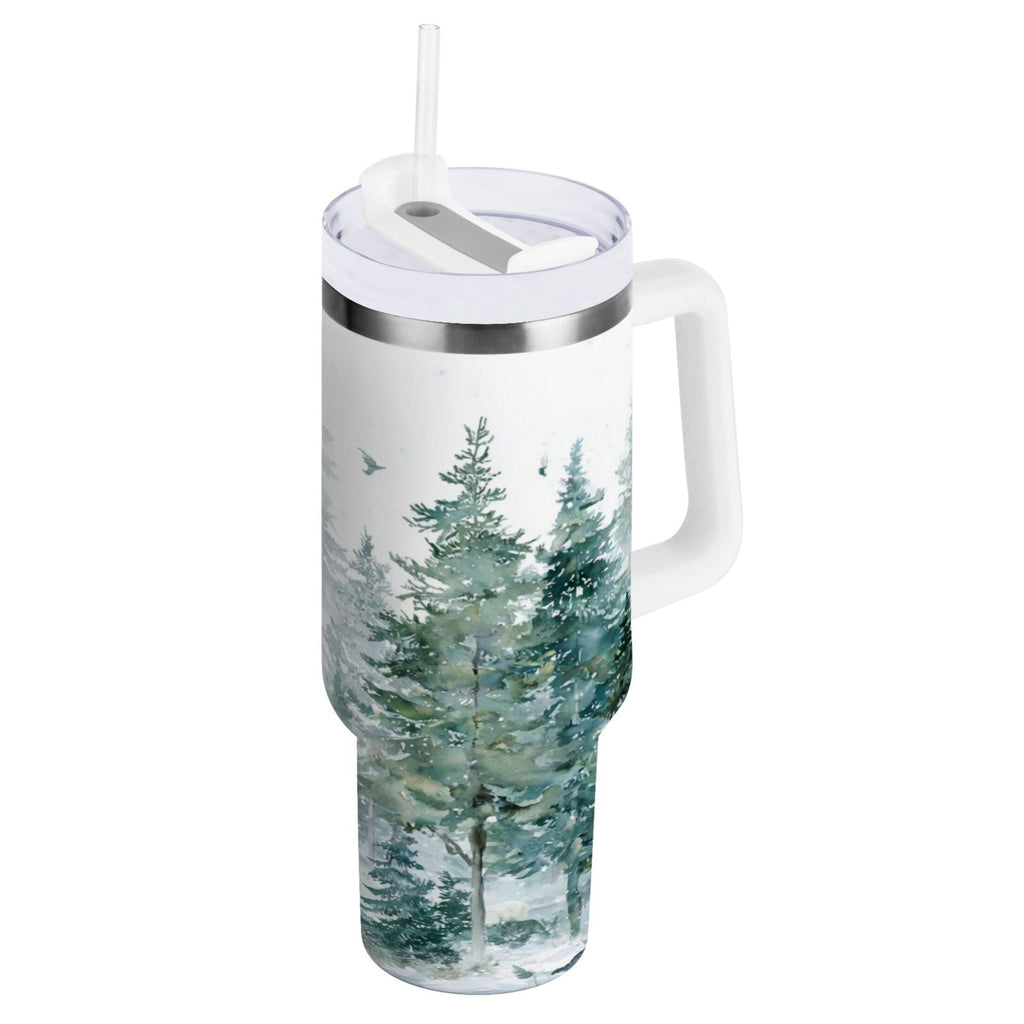 30 oz Insulated Stainless Steel Tumbler Double Wall Stainless Steel Tumbler with 2-Way Drinking Green Snowy Forest Scene Edition-LR1L