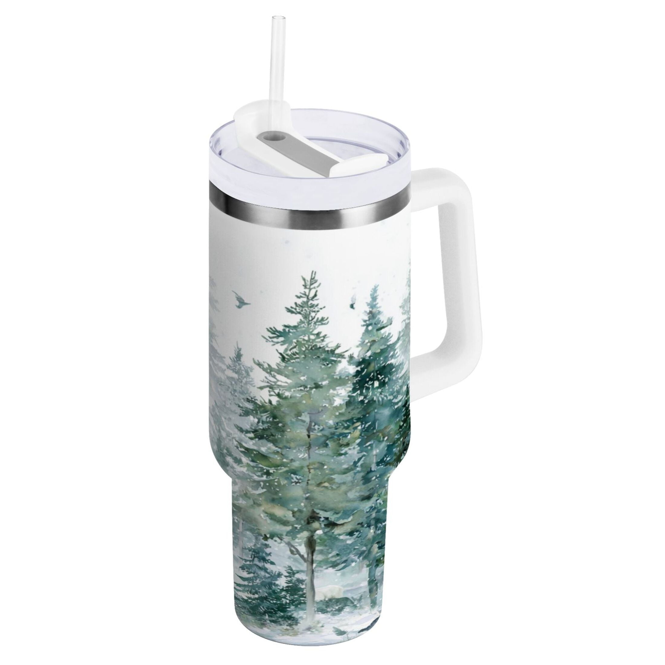 30 oz Insulated Stainless Steel Tumbler Double Wall Stainless Steel Tumbler with 2-Way Drinking Green Snowy Forest Scene Edition-LR1L
