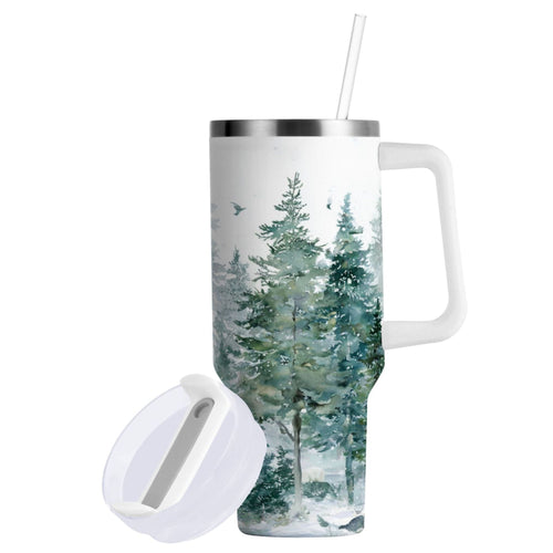 30 oz Insulated Stainless Steel Tumbler Double Wall Stainless Steel Tumbler with 2-Way Drinking Green Snowy Forest Scene Edition-LR1L