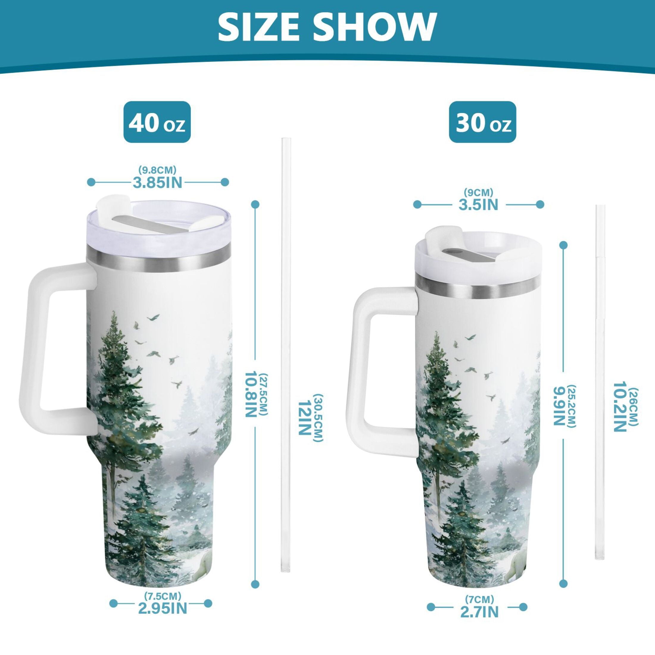 30 oz Insulated Stainless Steel Tumbler Double Wall Stainless Steel Tumbler with 2-Way Drinking Green Snowy Forest Scene Edition-LR1L