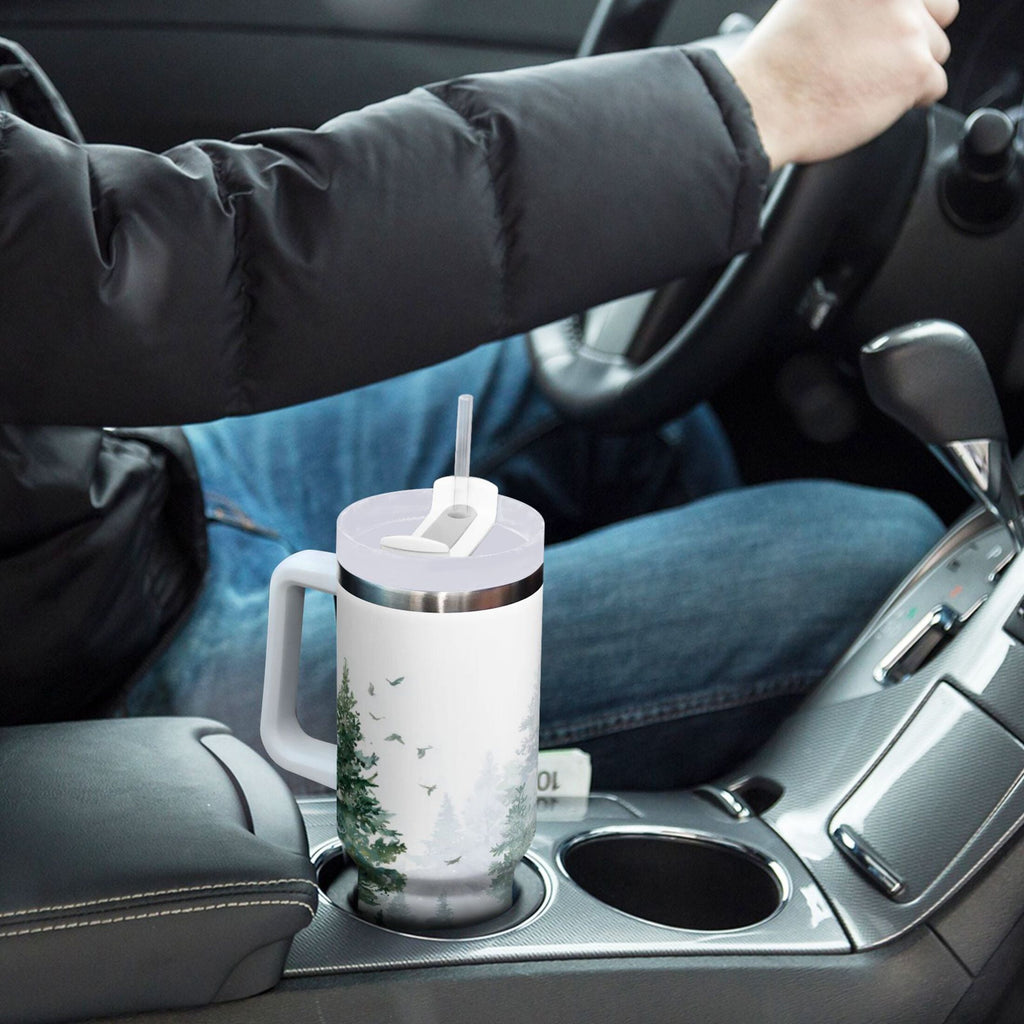 30 oz Insulated Stainless Steel Tumbler Double Wall Stainless Steel Tumbler with 2-Way Drinking Green Snowy Forest Scene Edition-LR1L