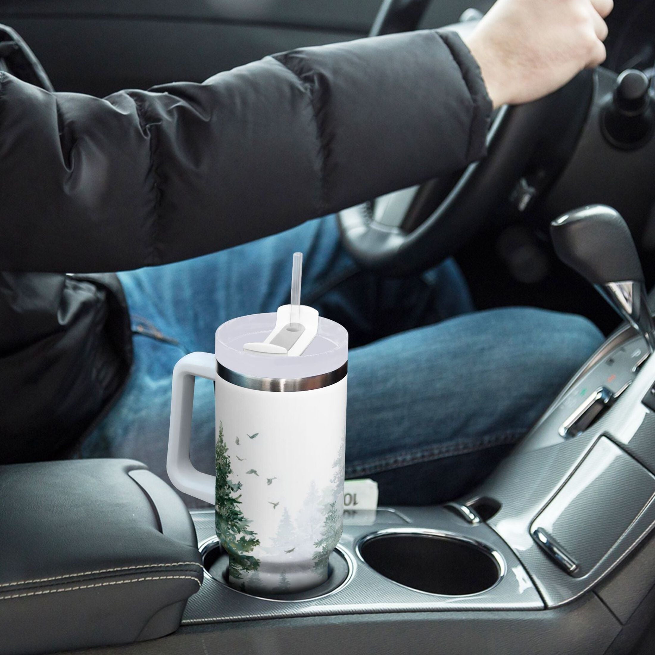 30 oz Insulated Stainless Steel Tumbler Double Wall Stainless Steel Tumbler with 2-Way Drinking Green Snowy Forest Scene Edition-LR1L