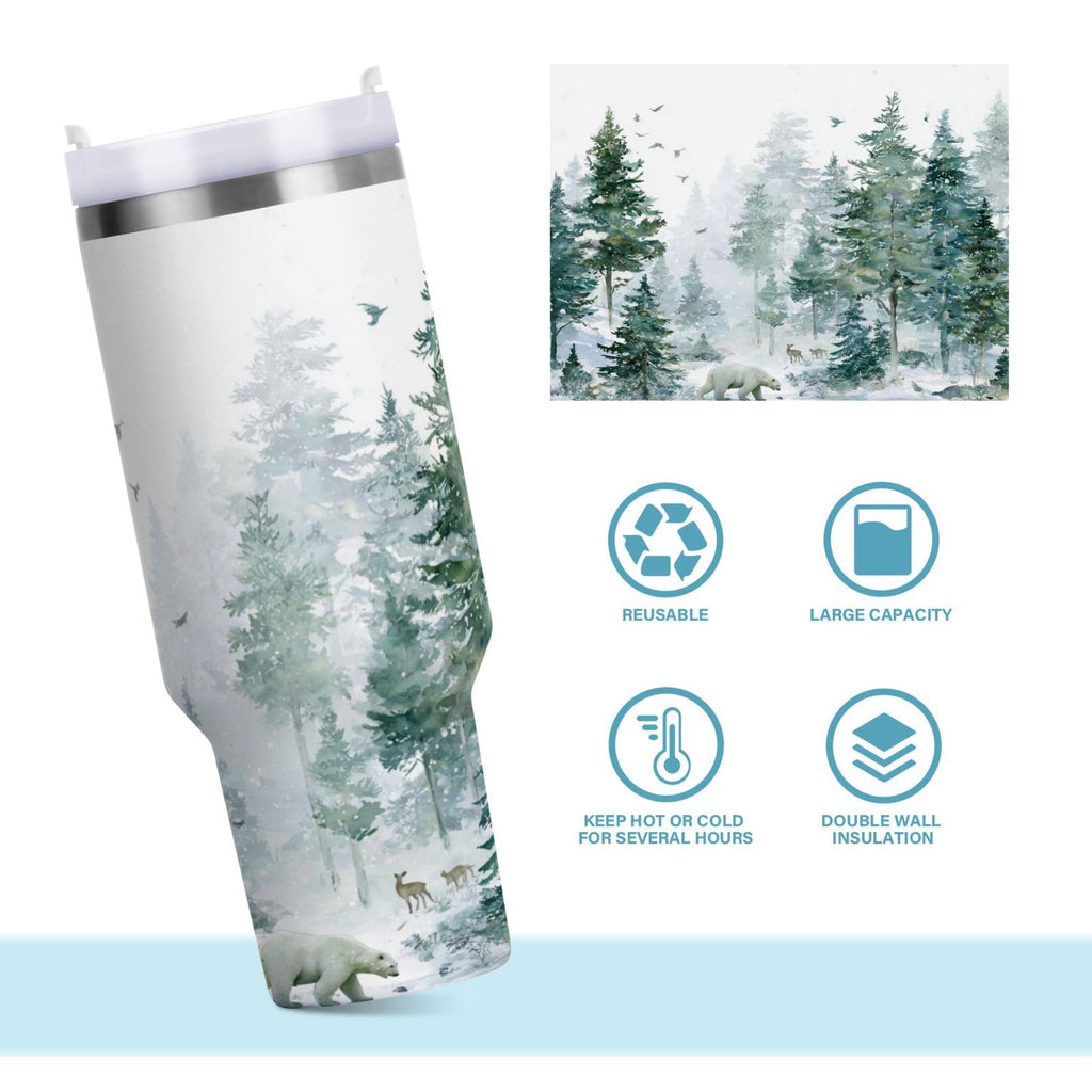 30 oz Insulated Stainless Steel Tumbler Double Wall Stainless Steel Tumbler with 2-Way Drinking Green Snowy Forest Scene Edition-LR1L