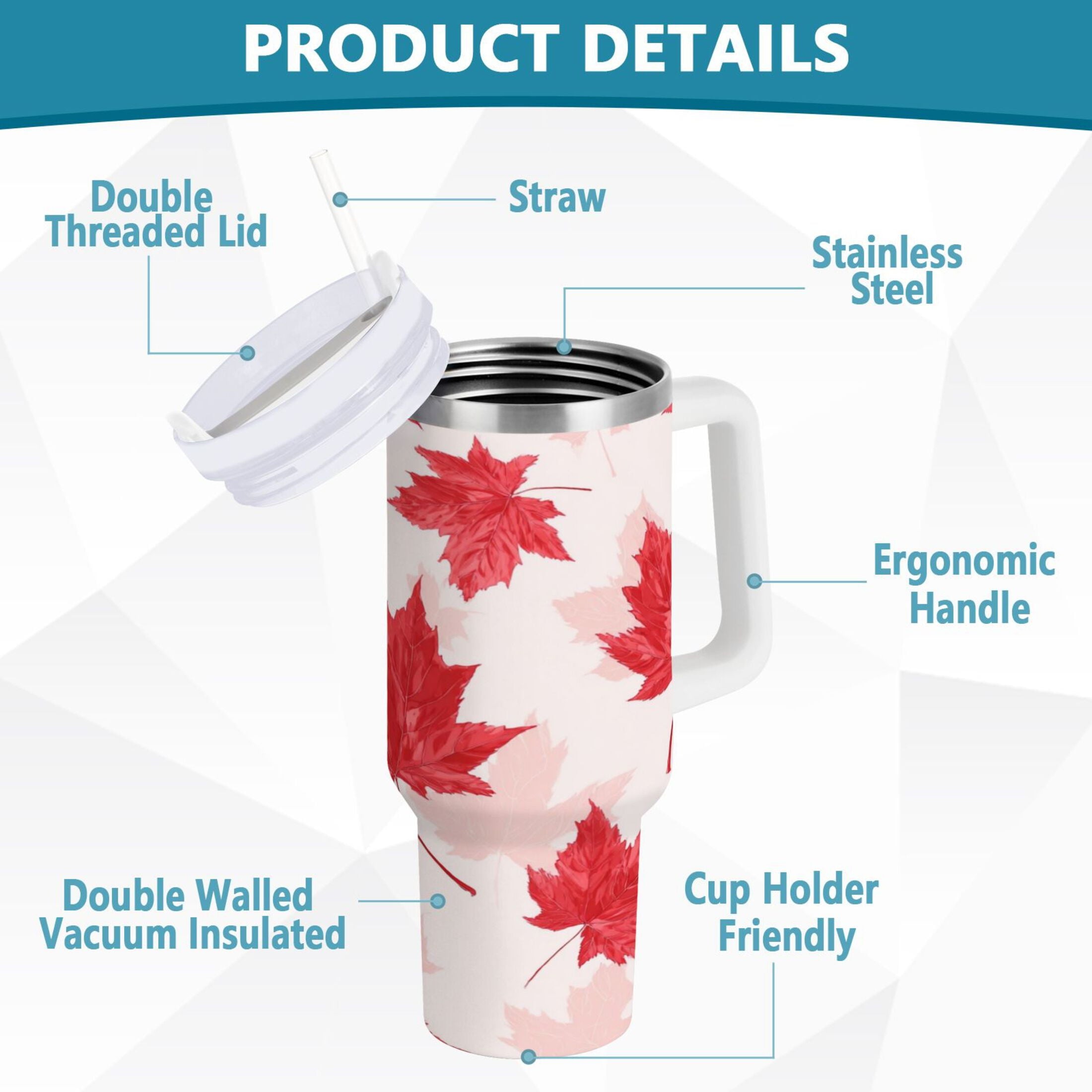 40 oz Insulated Stainless Steel Tumbler Double Wall Stainless Steel Tumbler with 2-Way Drinking Red Maple Leaves Pattern Edition-RVAZ