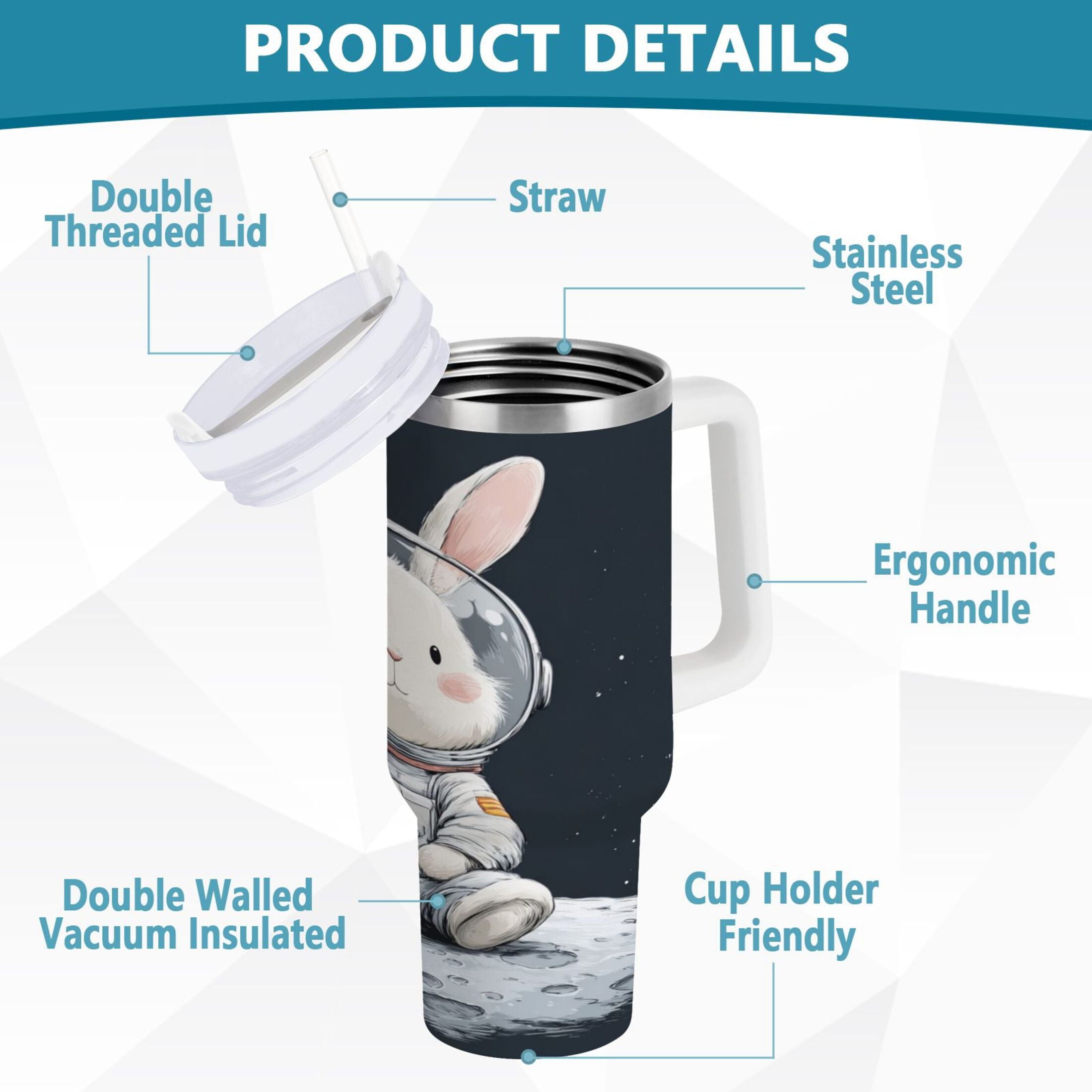 40 oz Insulated Stainless Steel Tumbler Double Wall Stainless Steel Tumbler with 2-Way Drinking Rabbit in A Space Edition-2DXJ