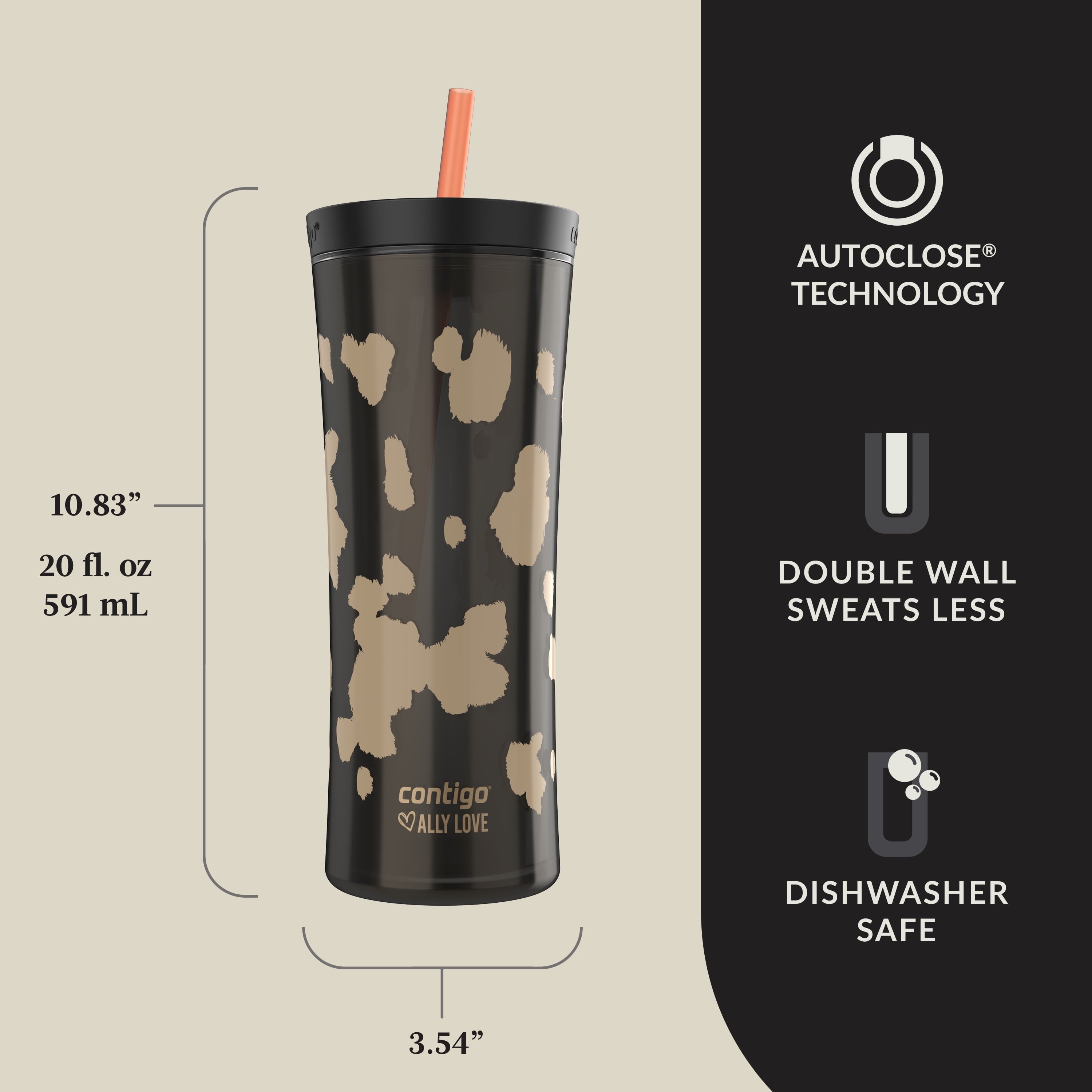 Contigo 20oz Shake &amp; Go Tumbler, Plastic with Straw, Licorice Cowhide Couture Edition-8JSE
