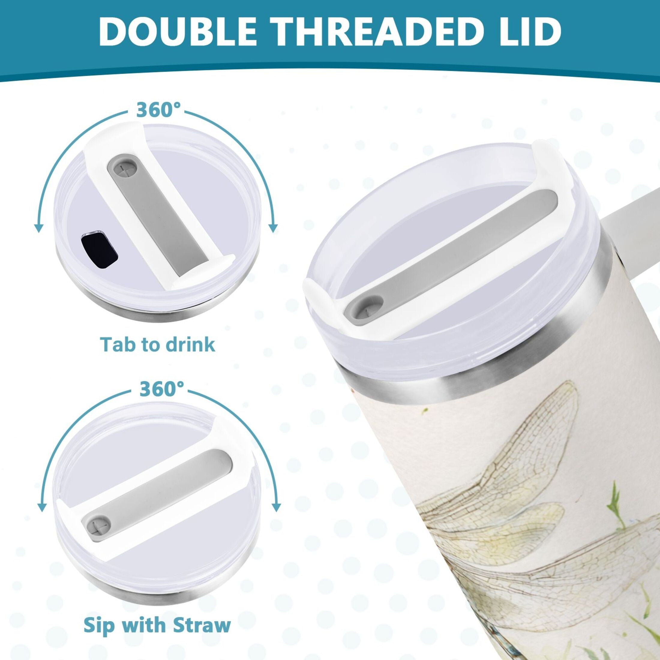 30 oz Insulated Stainless Steel Tumbler Double Wall Stainless Steel Tumbler with 2-Way Drinking Dragonflies with White Daisies Edition-EJMT