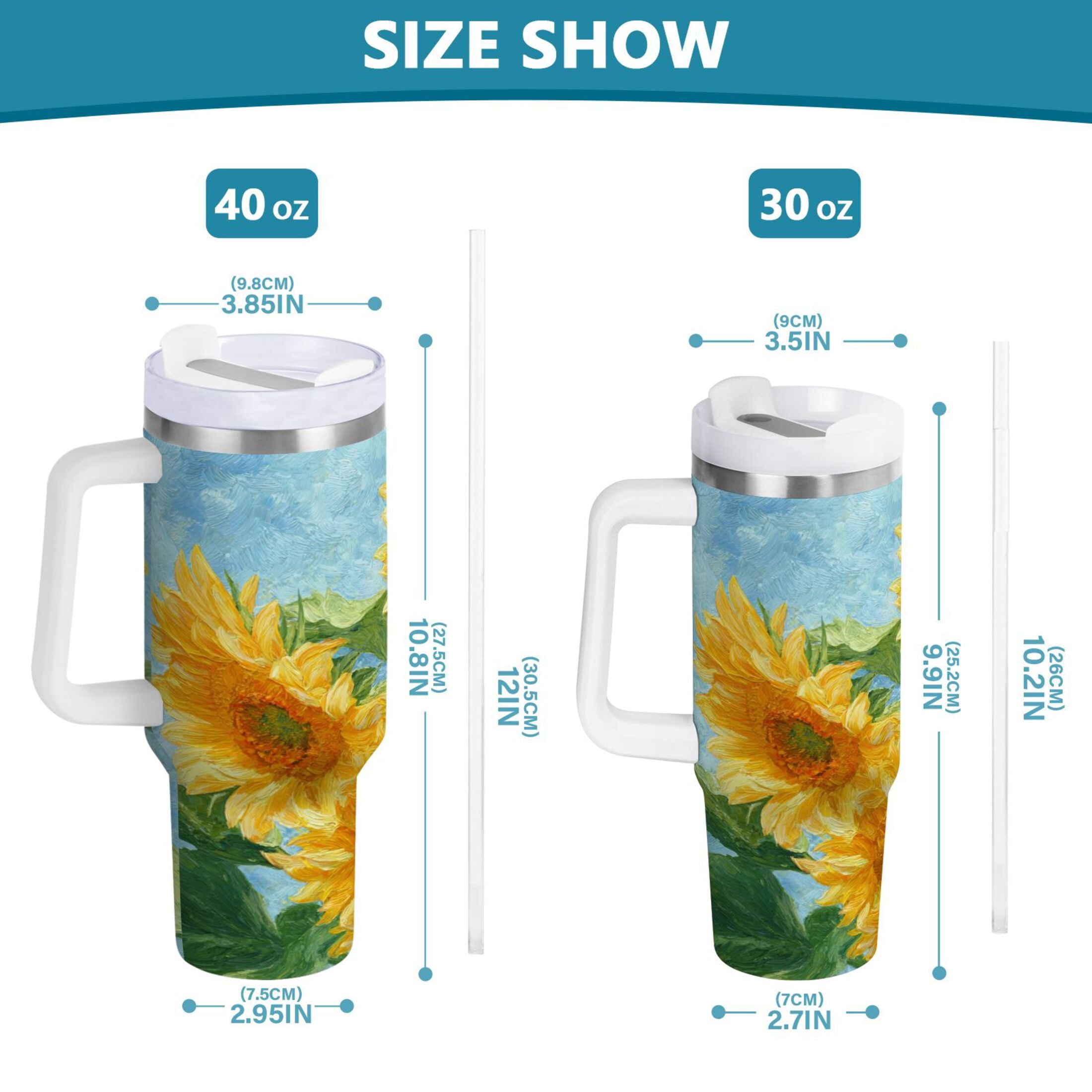 40 oz Insulated Stainless Steel Tumbler Double Wall Stainless Steel Tumbler with 2-Way Drinking Sunflower Oil Painting Edition-ANZE
