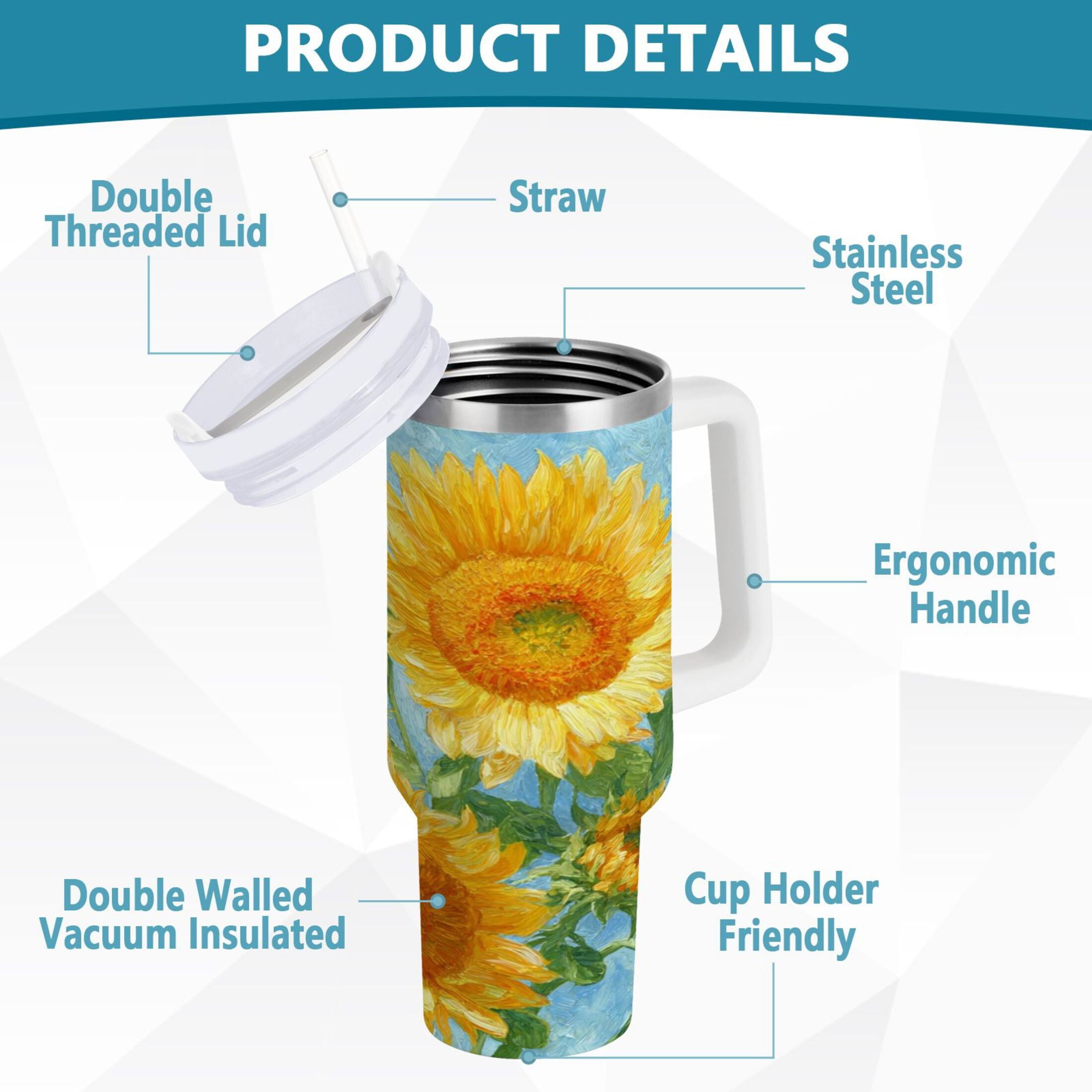 40 oz Insulated Stainless Steel Tumbler Double Wall Stainless Steel Tumbler with 2-Way Drinking Sunflower Oil Painting Edition-ANZE