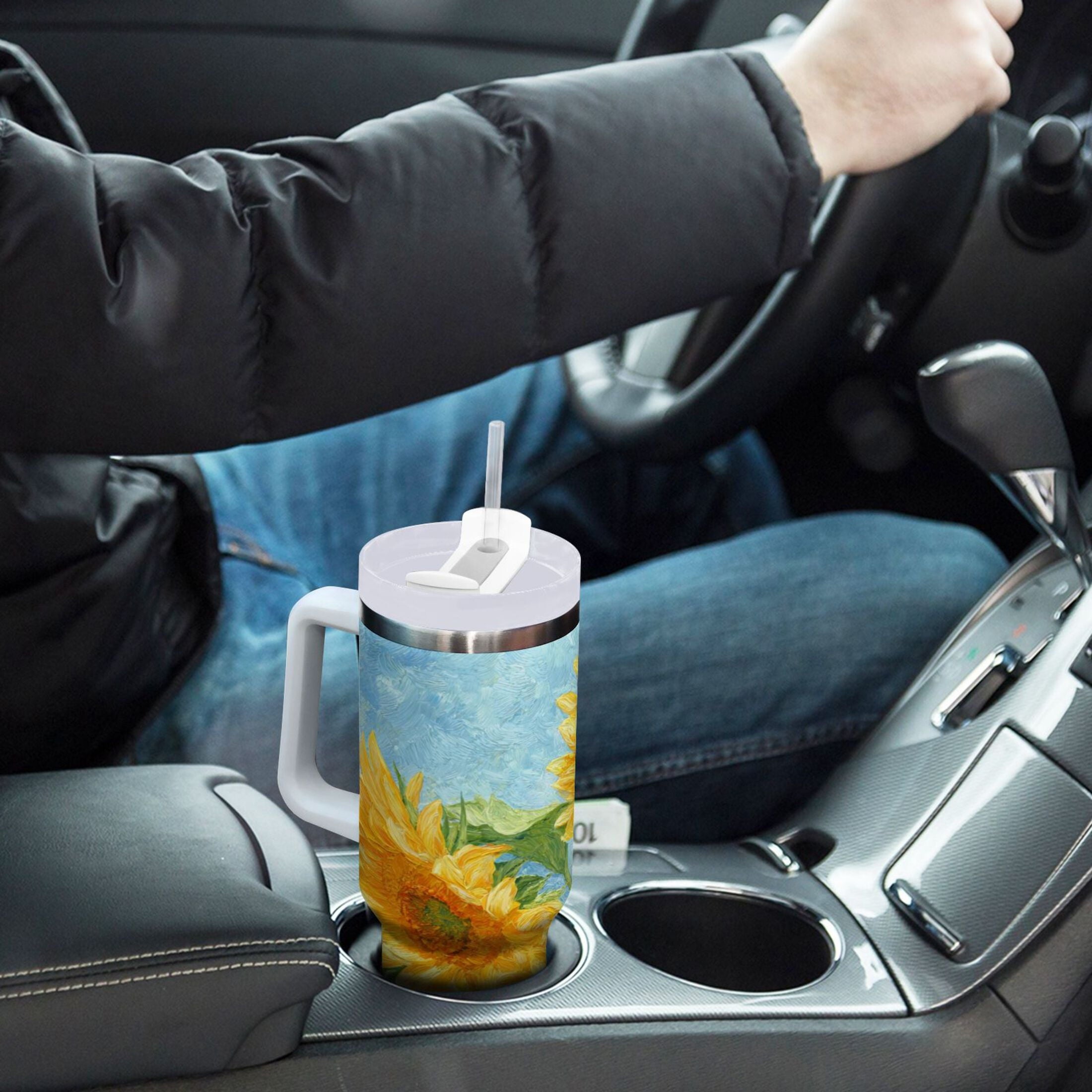 40 oz Insulated Stainless Steel Tumbler Double Wall Stainless Steel Tumbler with 2-Way Drinking Sunflower Oil Painting Edition-ANZE