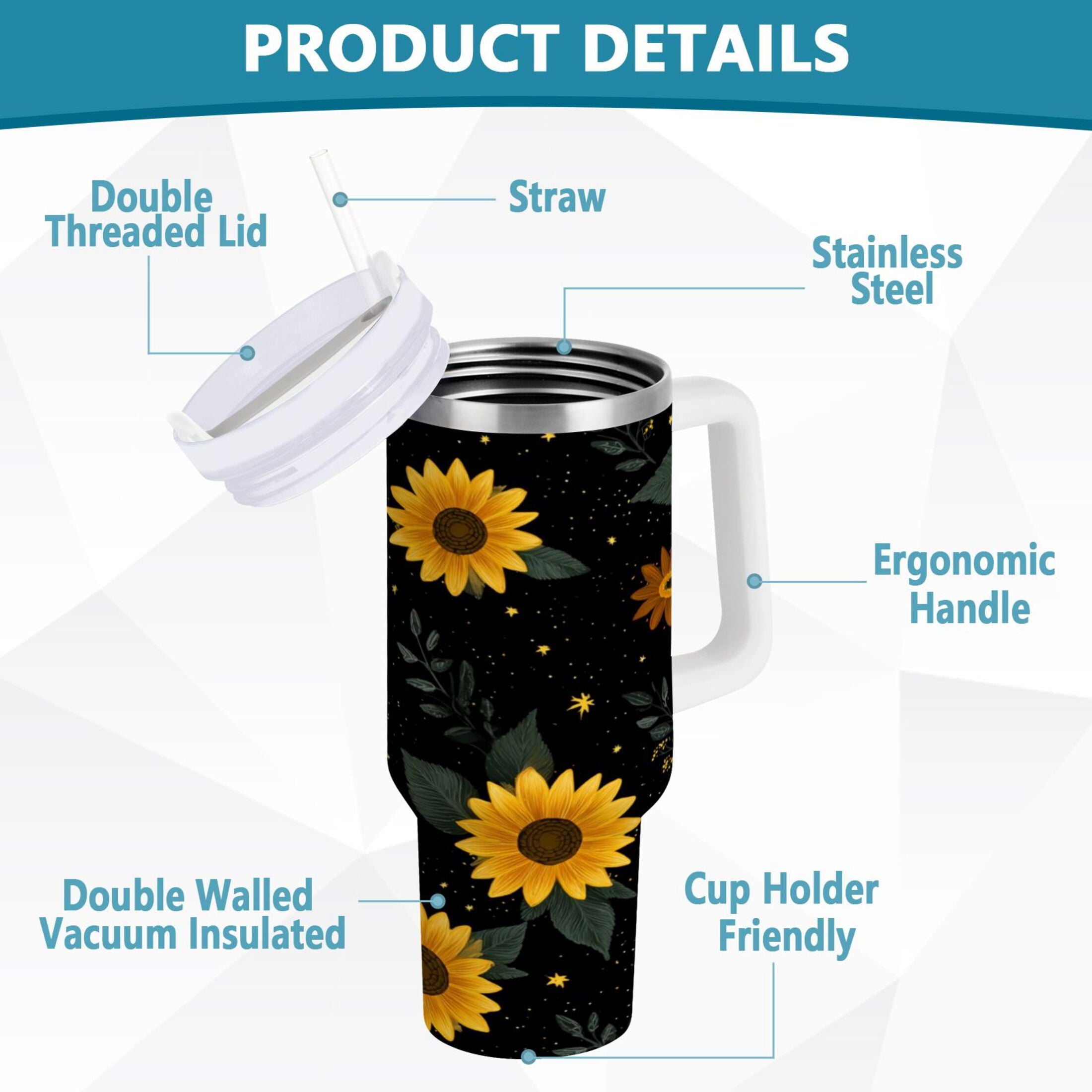 30 oz Insulated Stainless Steel Tumbler Double Wall Stainless Steel Tumbler with 2-Way Drinking Yellow Sunflower Pattern Edition-7NHV