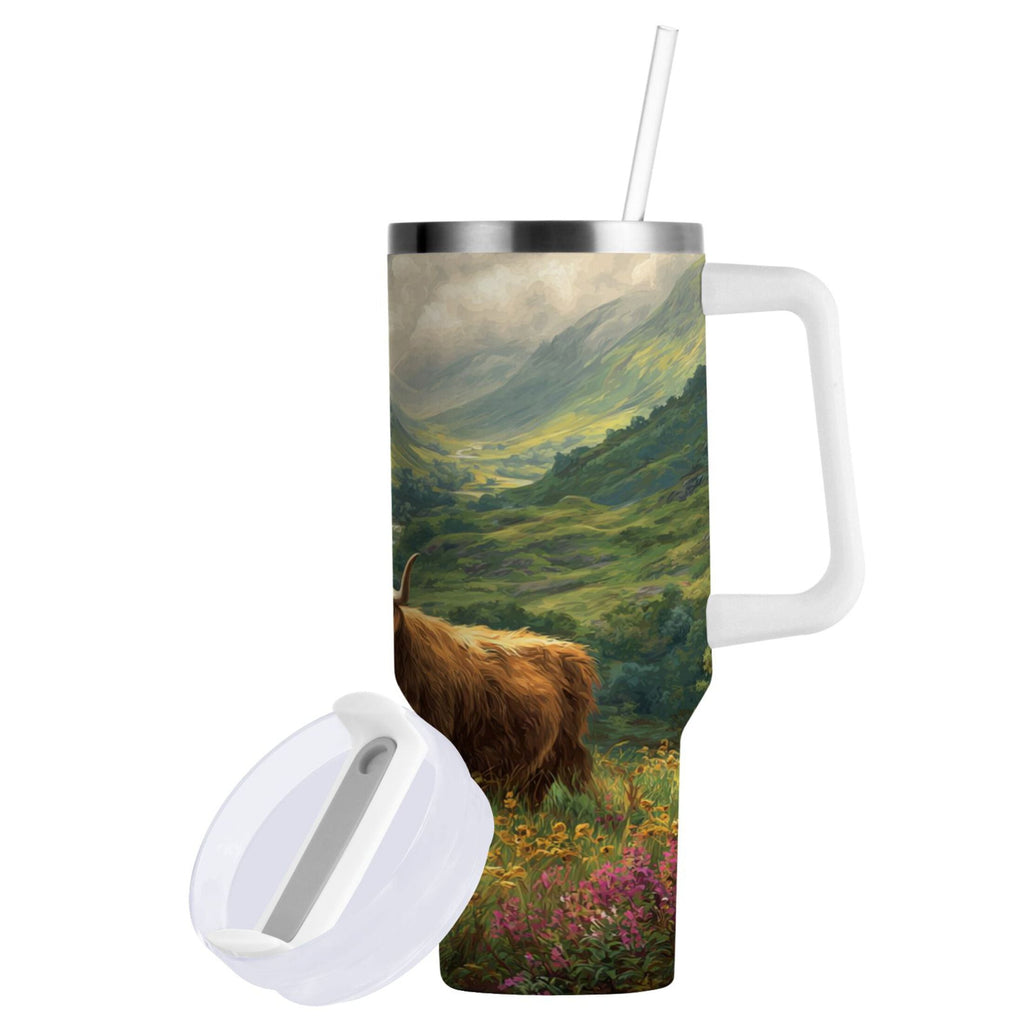 30 oz Insulated Stainless Steel Tumbler Double Wall Stainless Steel Tumbler with 2-Way Drinking Cow in Green Rolling Hills Edition-S5Y4