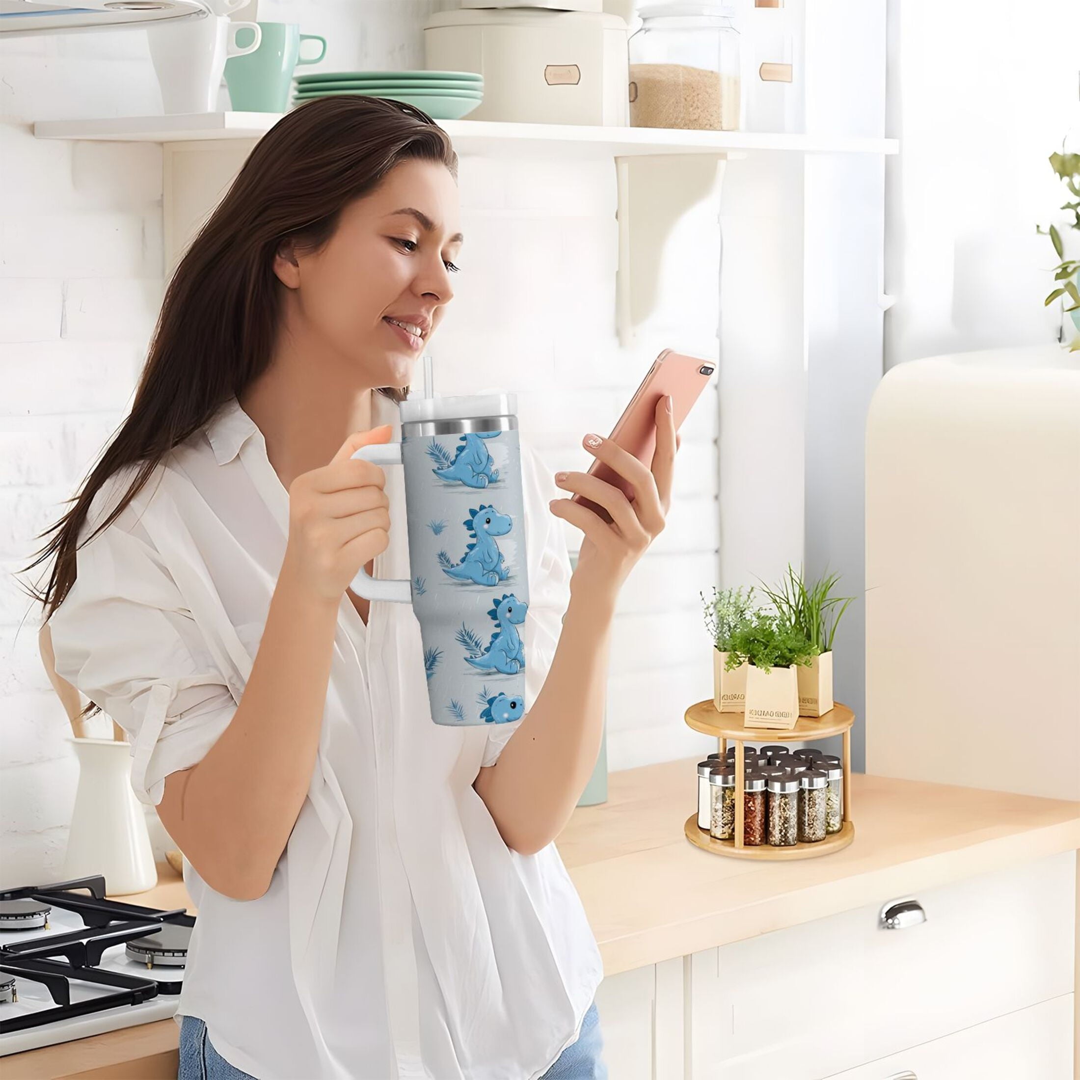 30 oz Insulated Stainless Steel Tumbler Double Wall Stainless Steel Tumbler with 2-Way Drinking Cartoon Blue Dinosaurs Edition-MCV3