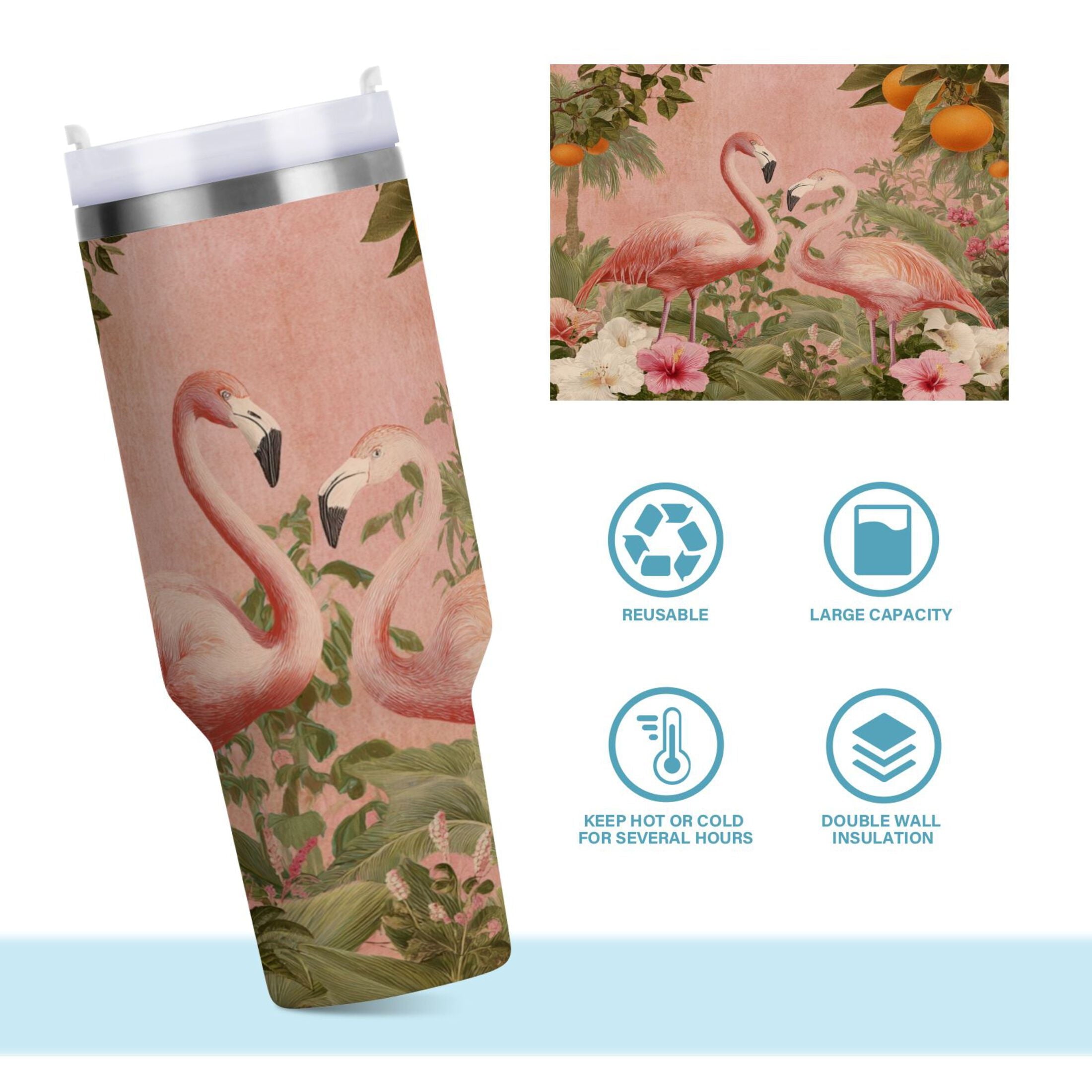 40 oz Insulated Stainless Steel Tumbler Double Wall Stainless Steel Tumbler with 2-Way Drinking Flamingos in Tropical Garden Edition-HXK2