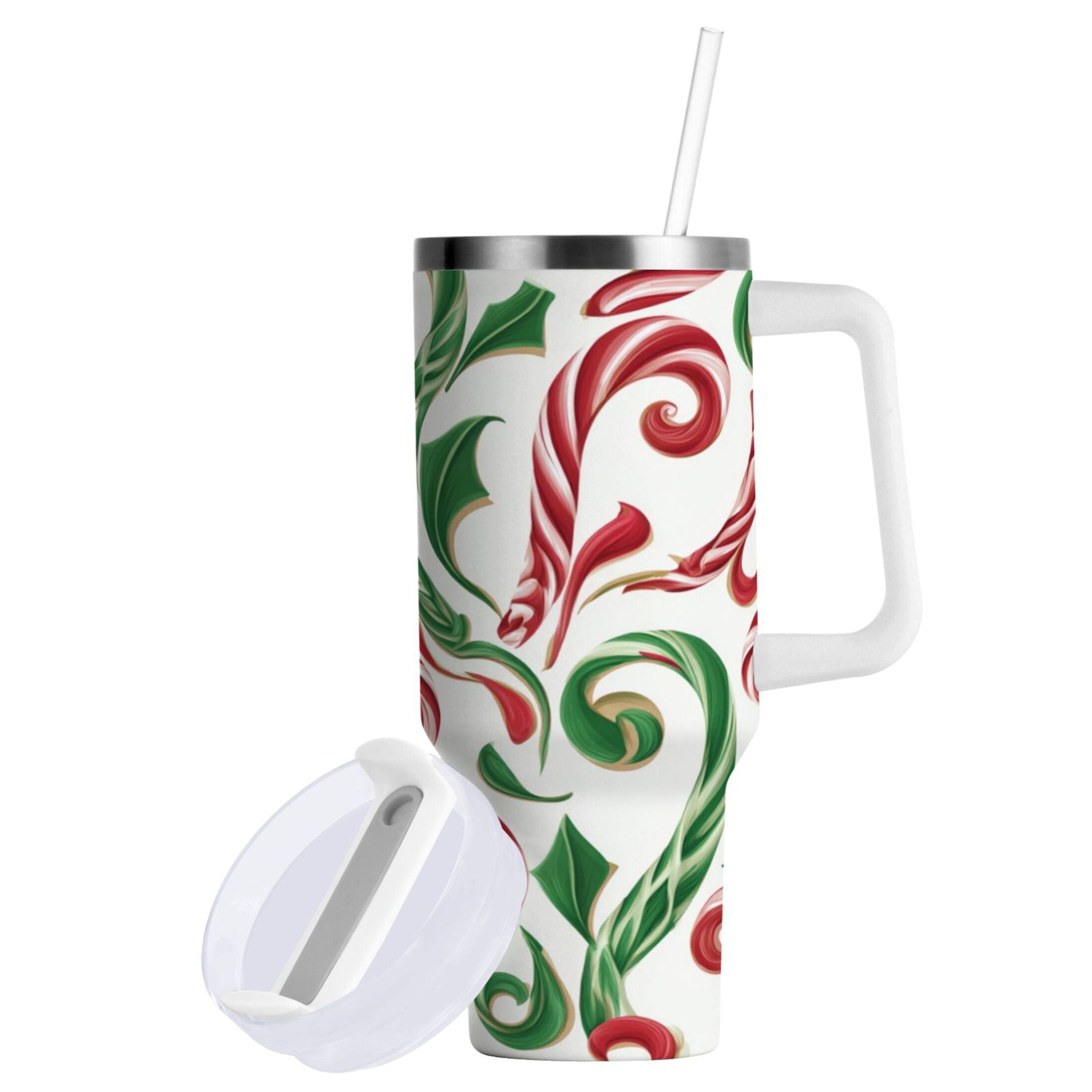 40 oz Insulated Stainless Steel Tumbler Double Wall Stainless Steel Tumbler with 2-Way Drinking Red and Green Candy-cane Edition-NQAK