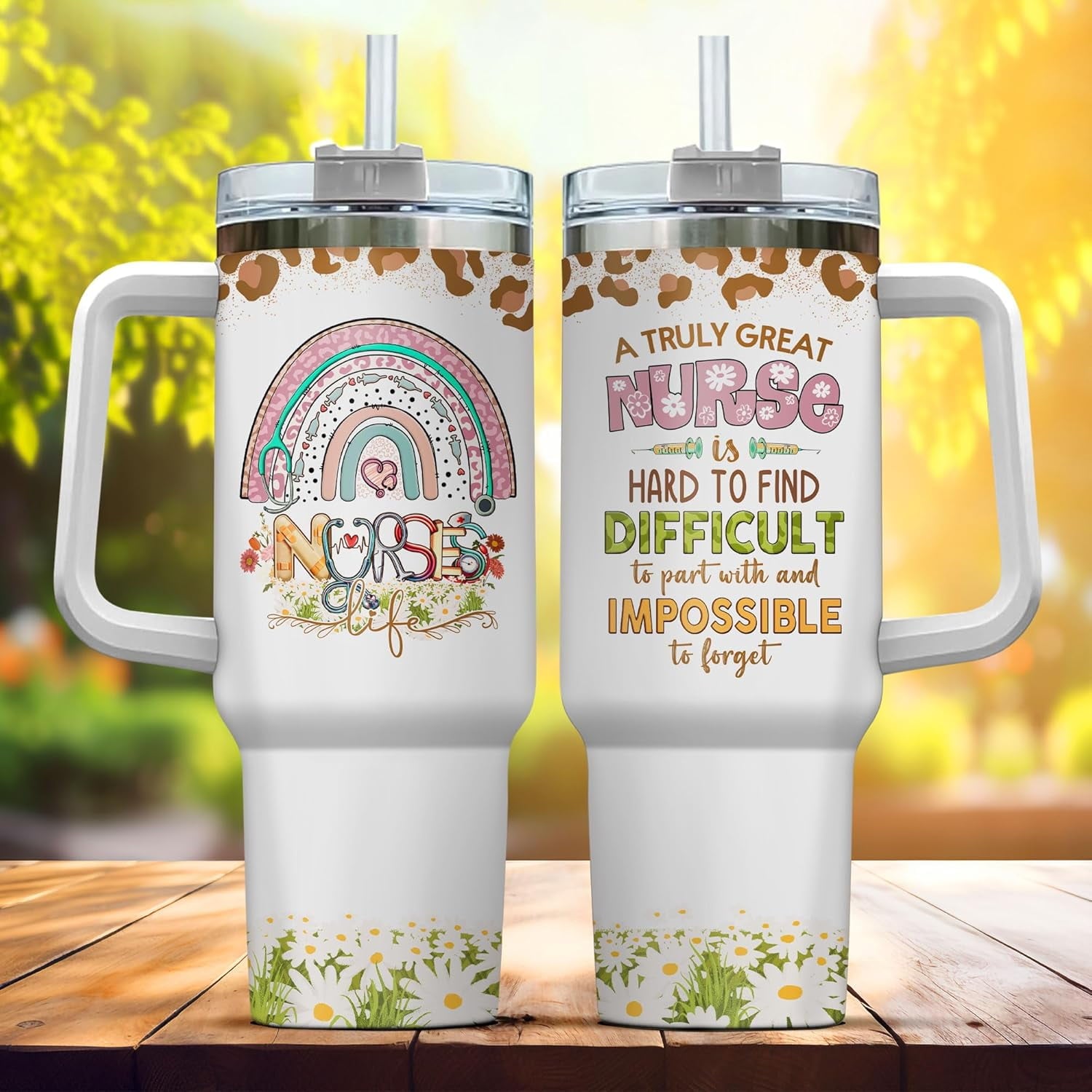Tumbler 40 Oz With Handle Lid And Straw, Nurse Gifts, Black Camo White Engraved Print Travel Nurses Tumblers Handle Funny Cups Nursing For, Great Nurse Rainbow Daisy Flower Edition-CQH4