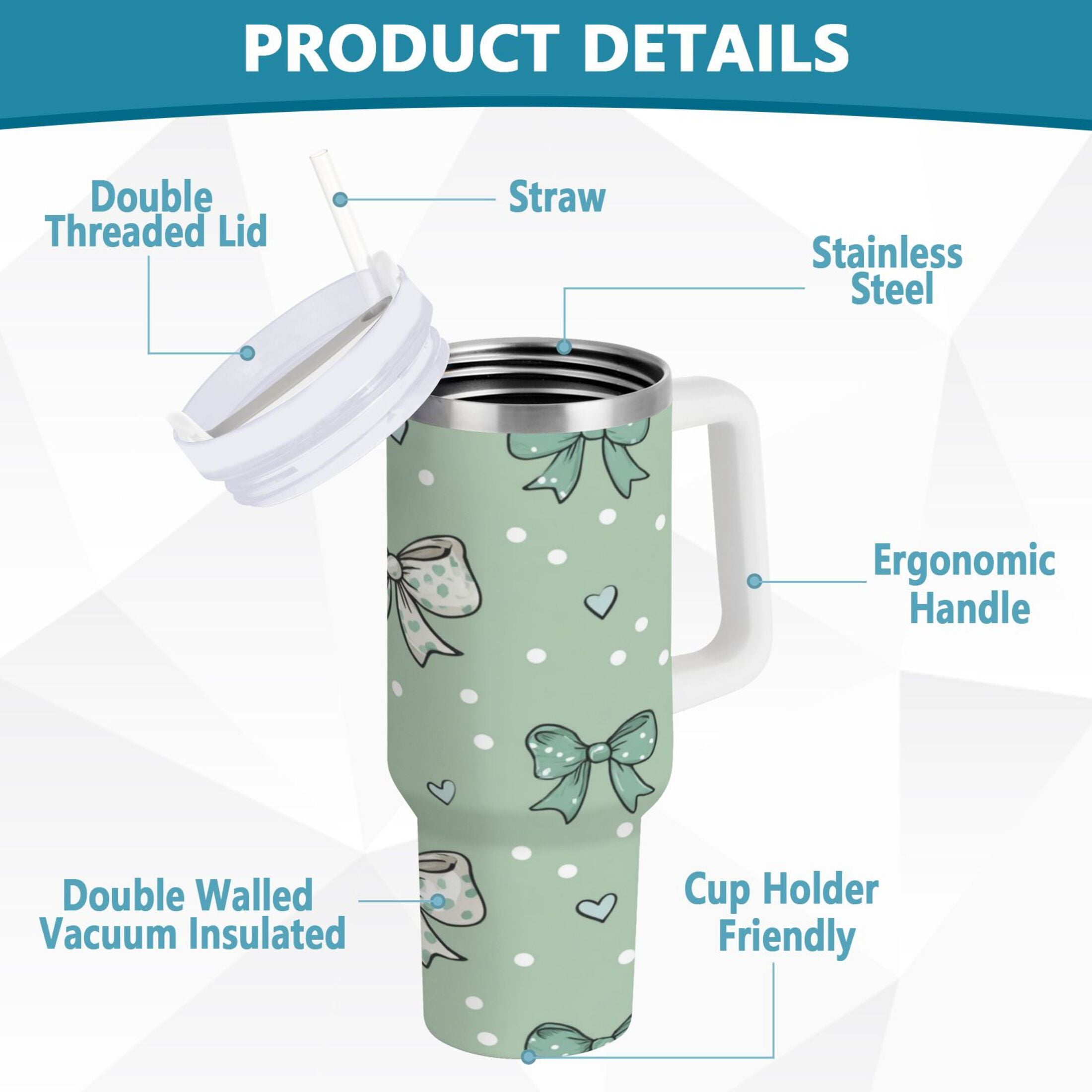 30 oz Insulated Stainless Steel Tumbler Double Wall Stainless Steel Tumbler with 2-Way Drinking Green and Mint Bows Edition-3P3X