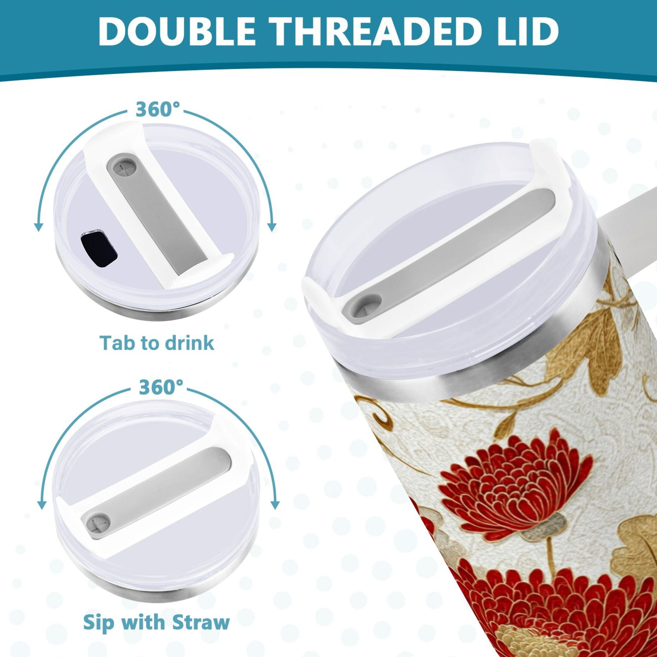 30 oz Insulated Stainless Steel Tumbler Double Wall Stainless Steel Tumbler with 2-Way Drinking Red Chrysanthemum Pattern Edition-ETUM