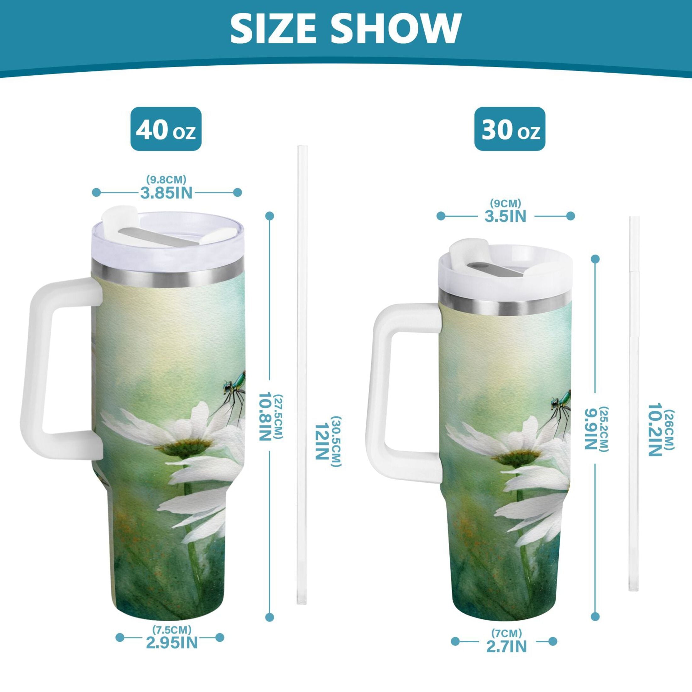 30 oz Insulated Stainless Steel Tumbler Double Wall Stainless Steel Tumbler with 2-Way Drinking Beautiful Dragonflies and Daisies Edition-LX77
