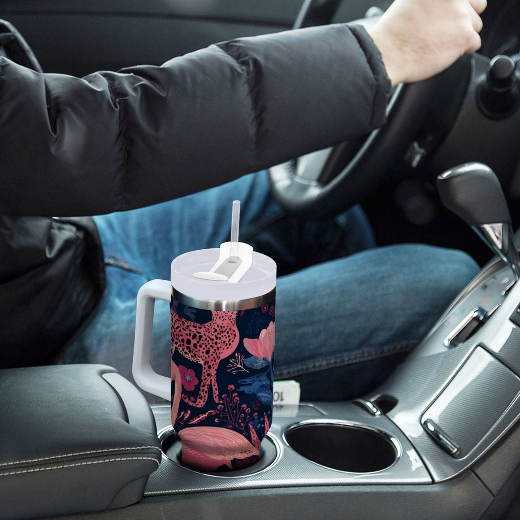 30 oz Insulated Stainless Steel Tumbler Double Wall Stainless Steel Tumbler with 2-Way Drinking Flamingos and Leopard Print Edition-LP8S