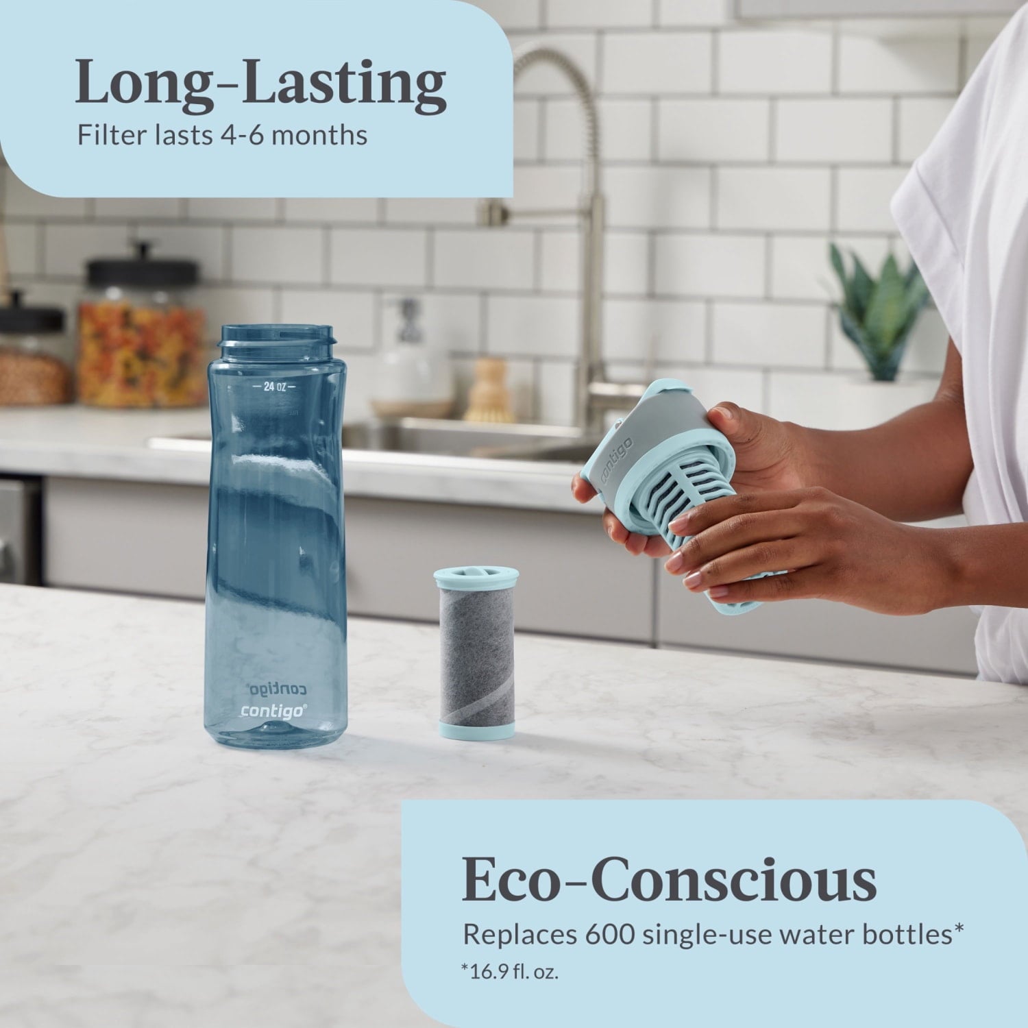 (2 pack) Contigo Clybourn Plastic FreeFlow Filter Water Bottle with AUTOSEAL Lid 24 oz., Dark Ice, with Replacable Filter Edition-2WYF