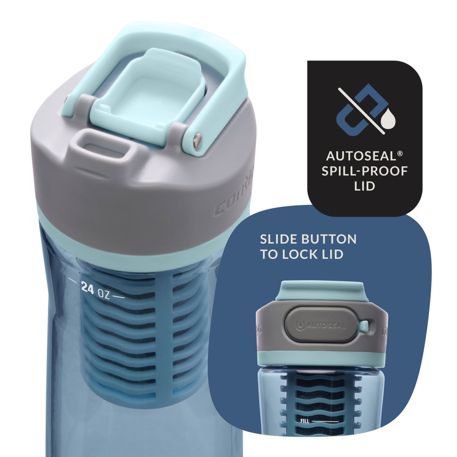 (2 pack) Contigo Clybourn Plastic FreeFlow Filter Water Bottle with AUTOSEAL Lid 24 oz., Dark Ice, with Replacable Filter Edition-2WYF