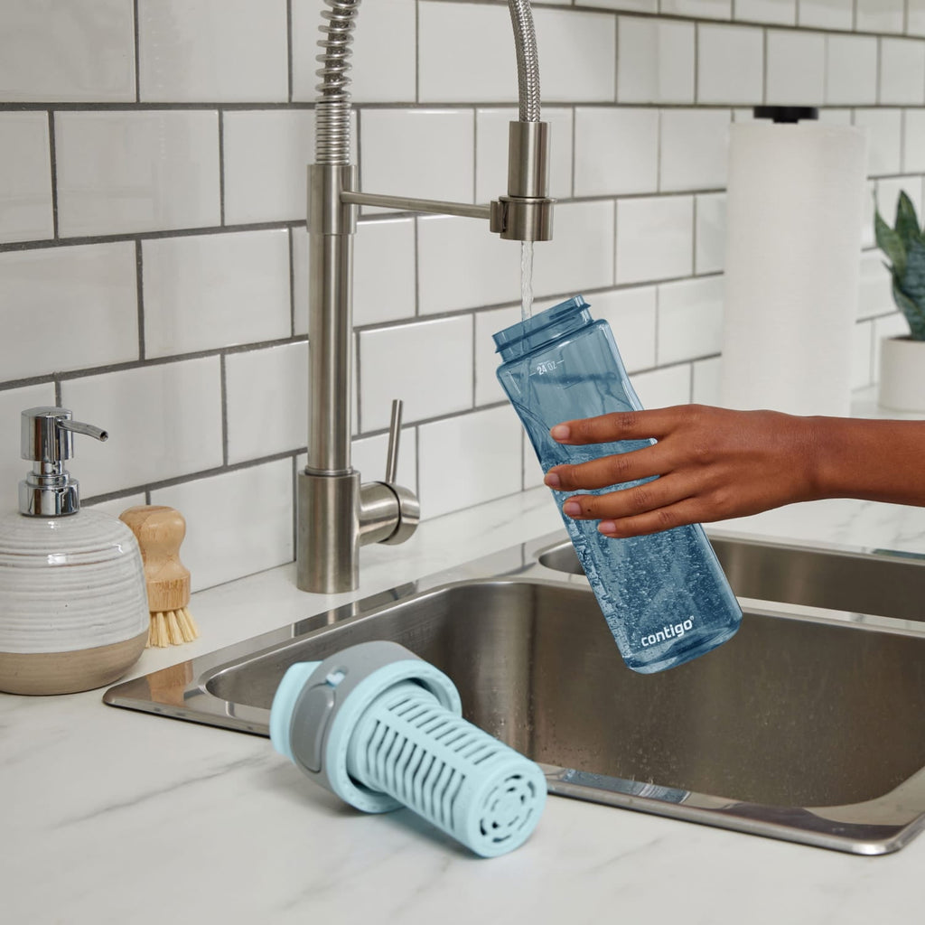(2 pack) Contigo Clybourn Plastic FreeFlow Filter Water Bottle with AUTOSEAL Lid 24 oz., Dark Ice, with Replacable Filter Edition-2WYF