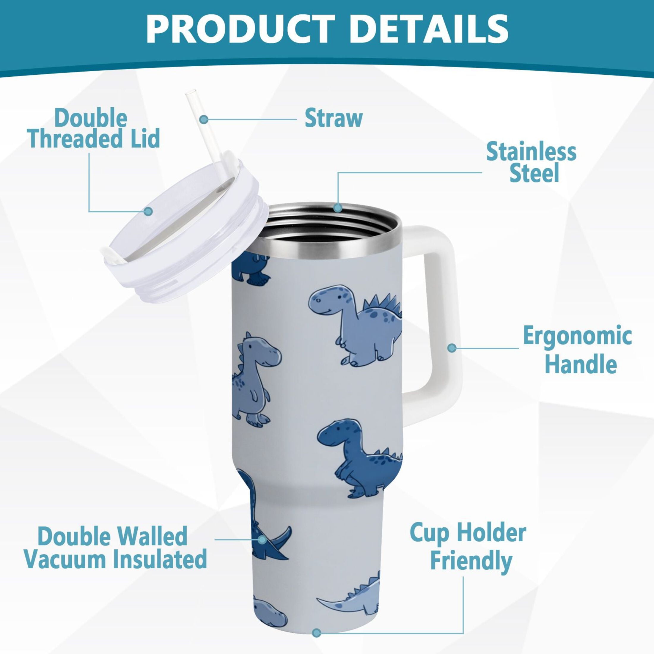 30 oz Insulated Stainless Steel Tumbler Double Wall Stainless Steel Tumbler with 2-Way Drinking Cute Blue Dinosaurs Edition-D192