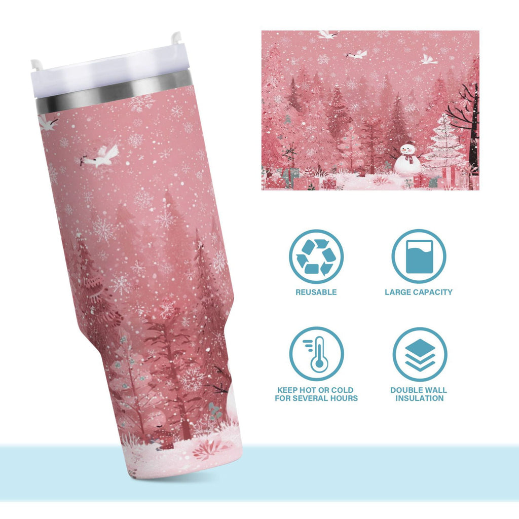40 oz Insulated Stainless Steel Tumbler Double Wall Stainless Steel Tumbler with 2-Way Drinking Christmas Forest with Snowmen Edition-XRPF