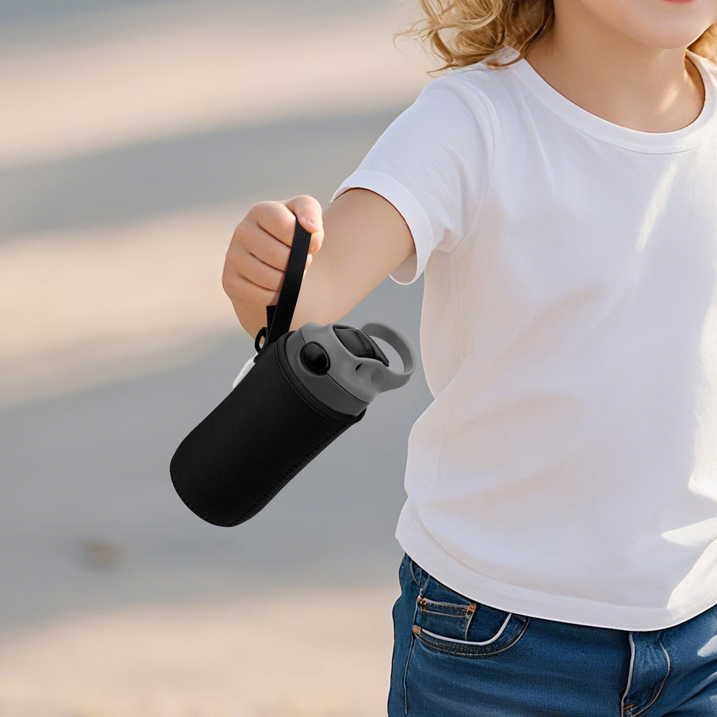 Linkidea Water Bottle Sleeve Compatible with Contigo Aubrey Tritan 14oz, Steel 13oz Kids Bottle, Waterbottle Holder Bag with Name Tag, Black Edition-BL4A