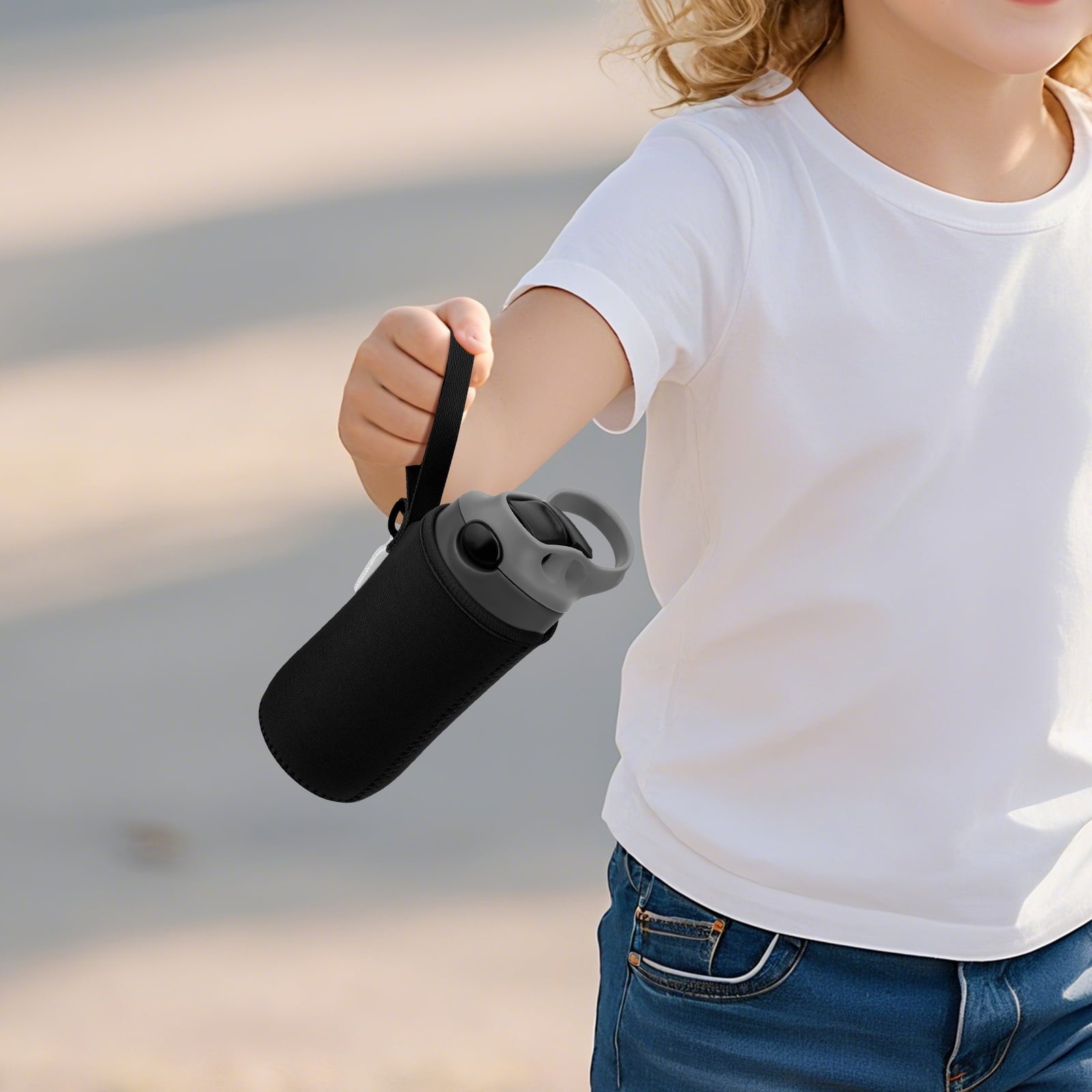 Linkidea Water Bottle Sleeve Compatible with Contigo Aubrey Tritan 14oz, Steel 13oz Kids Bottle, Waterbottle Holder Bag with Name Tag, Black Edition-BL4A