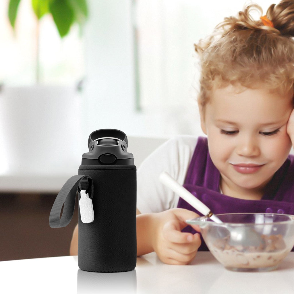 Linkidea Water Bottle Sleeve Compatible with Contigo Aubrey Tritan 14oz, Steel 13oz Kids Bottle, Waterbottle Holder Bag with Name Tag, Black Edition-BL4A