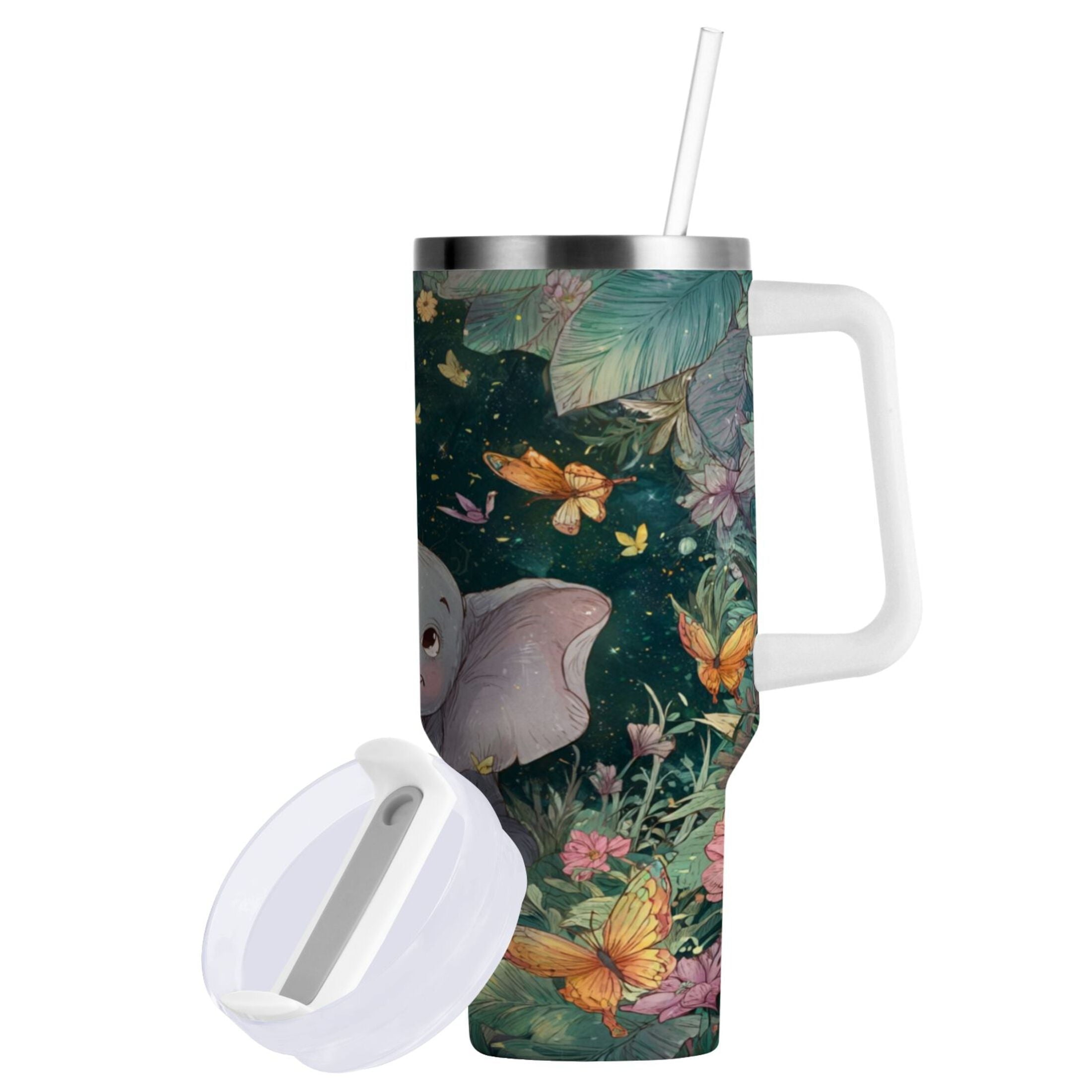 40 oz Insulated Stainless Steel Tumbler Double Wall Stainless Steel Tumbler with 2-Way Drinking Cute Elephant Edition-K94G