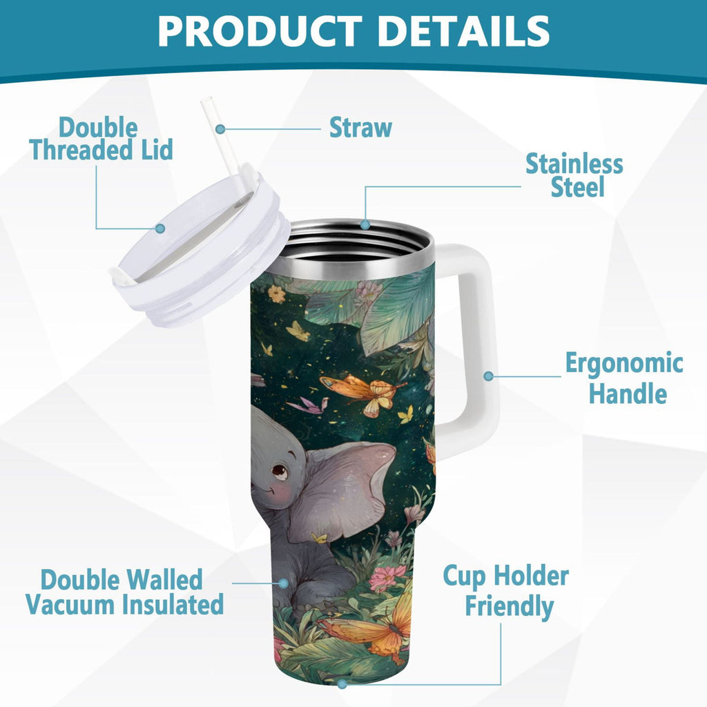 40 oz Insulated Stainless Steel Tumbler Double Wall Stainless Steel Tumbler with 2-Way Drinking Cute Elephant Edition-K94G