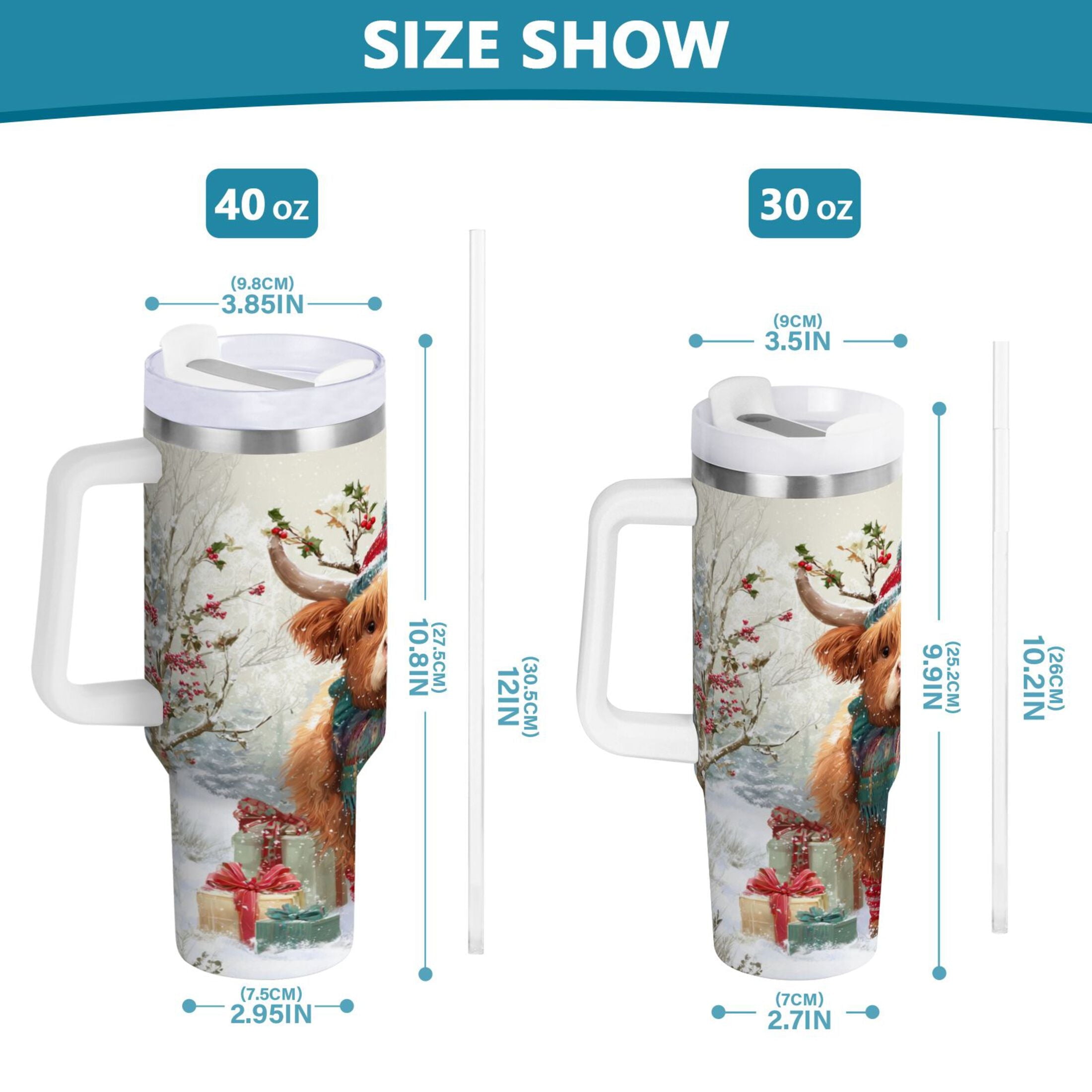 30 oz Insulated Stainless Steel Tumbler Double Wall Stainless Steel Tumbler with 2-Way Drinking Cow Wearing Christmas Hat Edition-6NDO