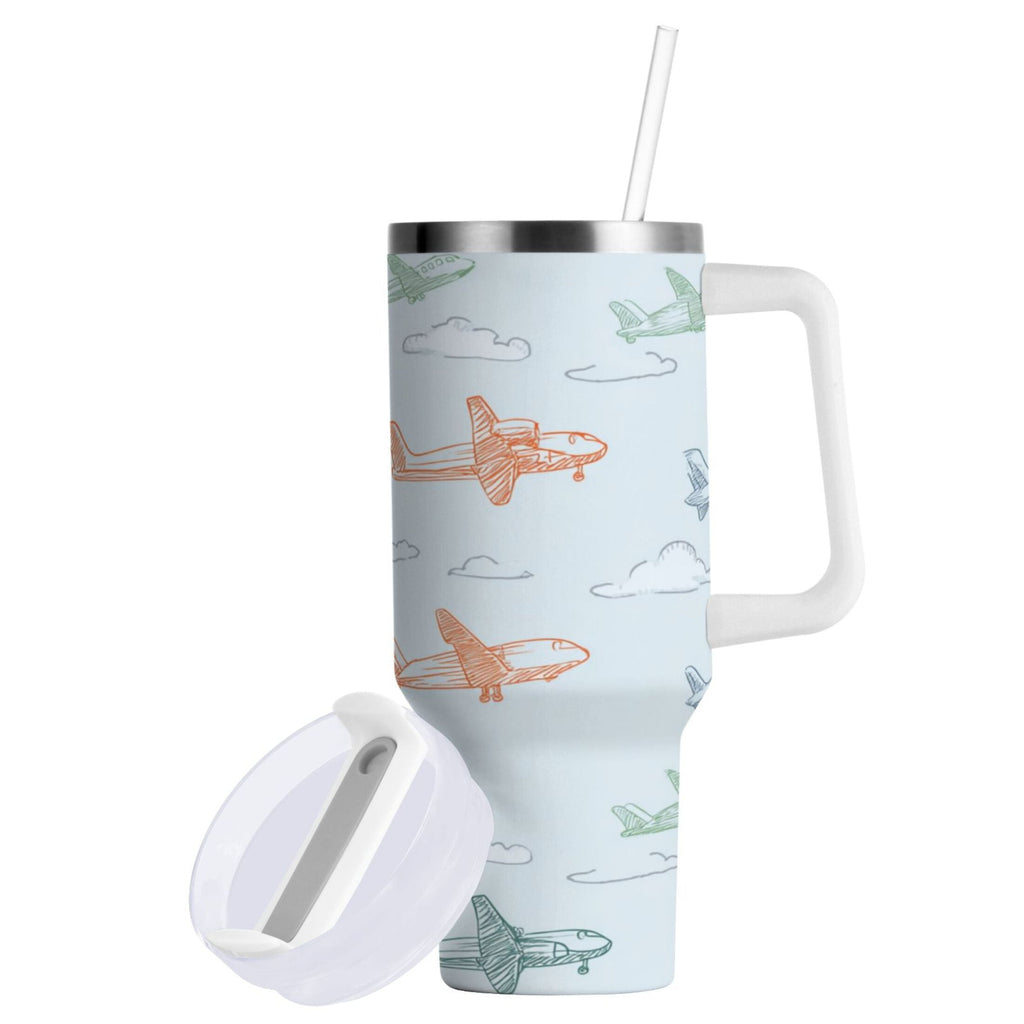 30 oz Insulated Stainless Steel Tumbler Double Wall Stainless Steel Tumbler with 2-Way Drinking Pastel Doodle Airplanes Edition-IB23