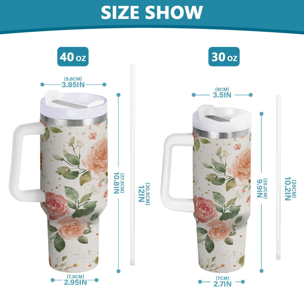 40 oz Insulated Stainless Steel Tumbler Double Wall Stainless Steel Tumbler with 2-Way Drinking Watercolor Rose Floral Pattern Edition-9A68