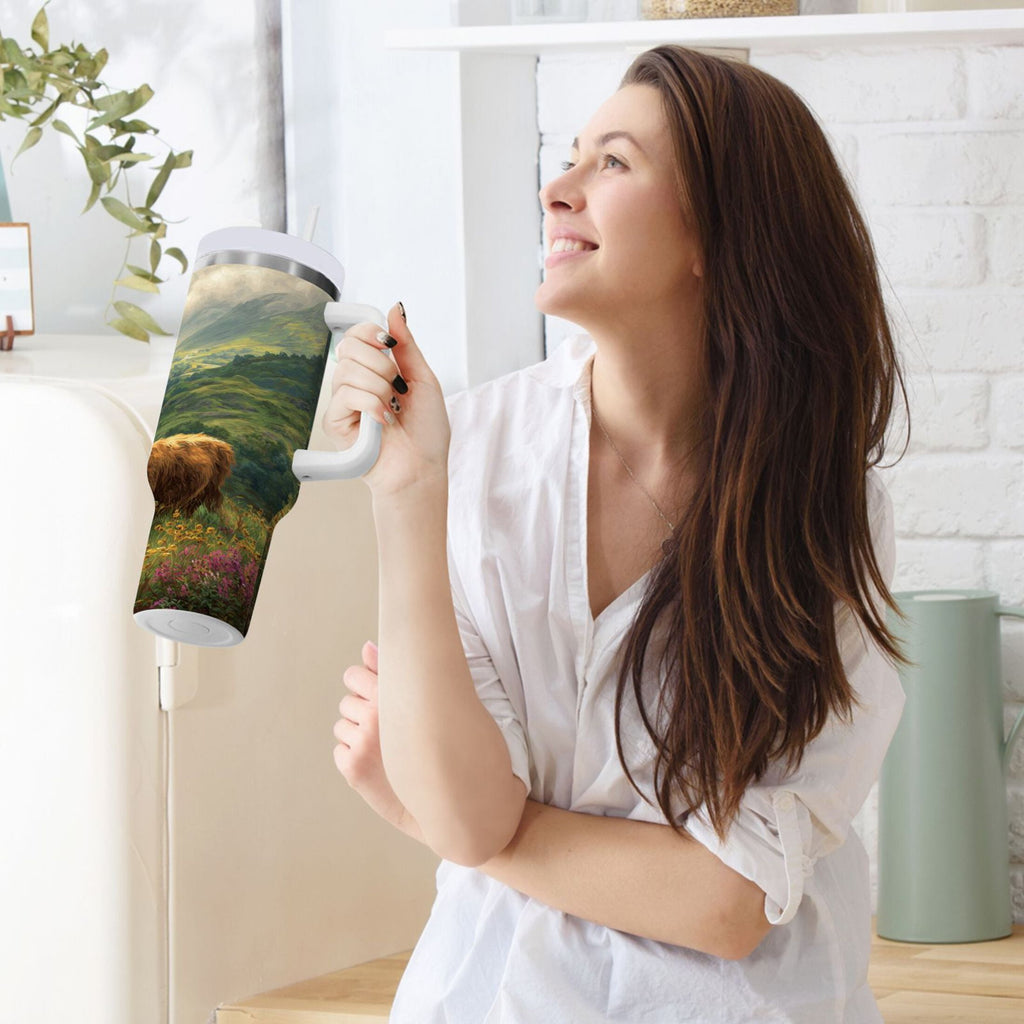 30 oz Insulated Stainless Steel Tumbler Double Wall Stainless Steel Tumbler with 2-Way Drinking Cow in Green Rolling Hills Edition-S5Y4